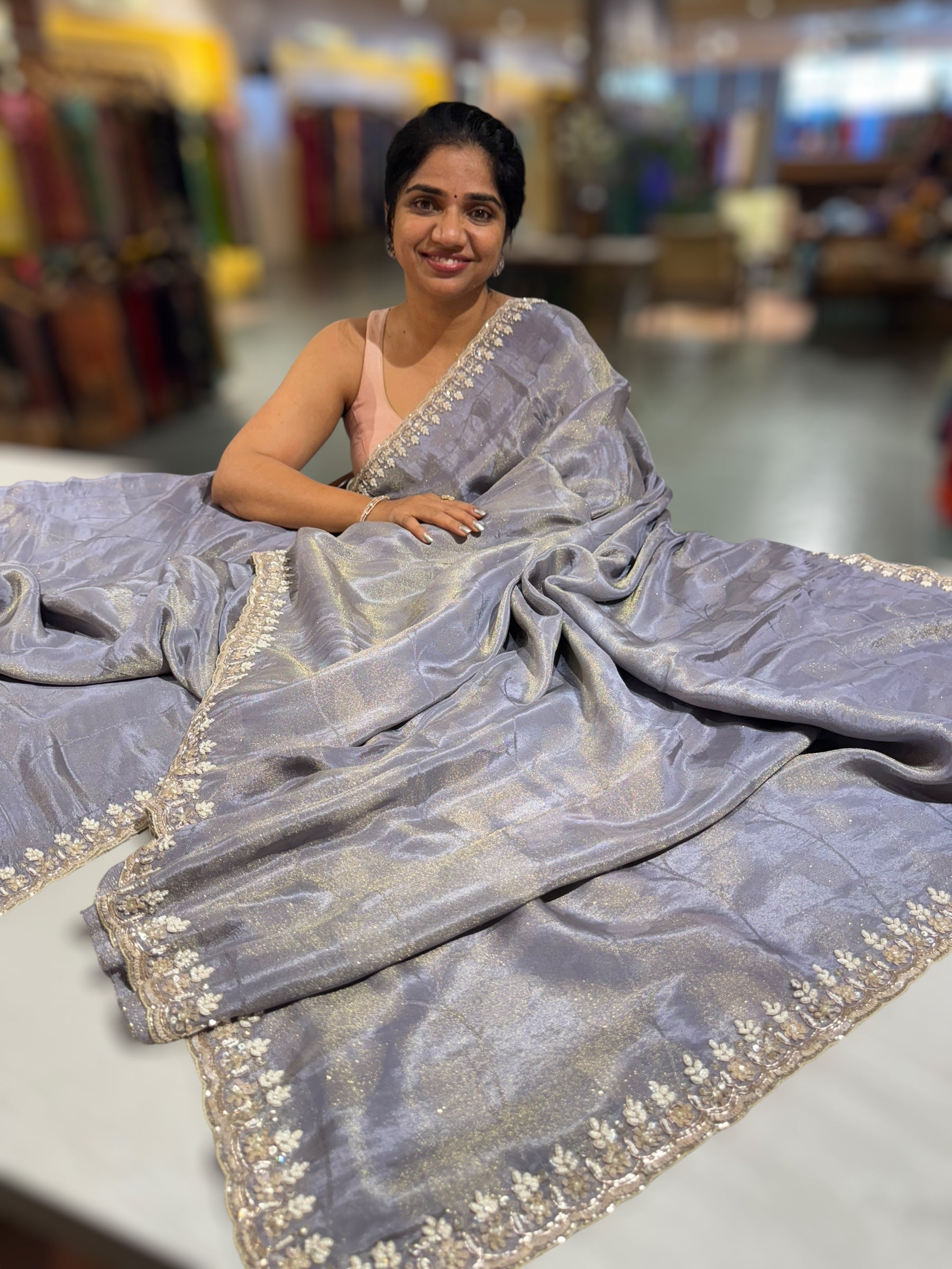 Greyish Violet Tissue Gorgette Saree With Hanwork Border and Blouse.