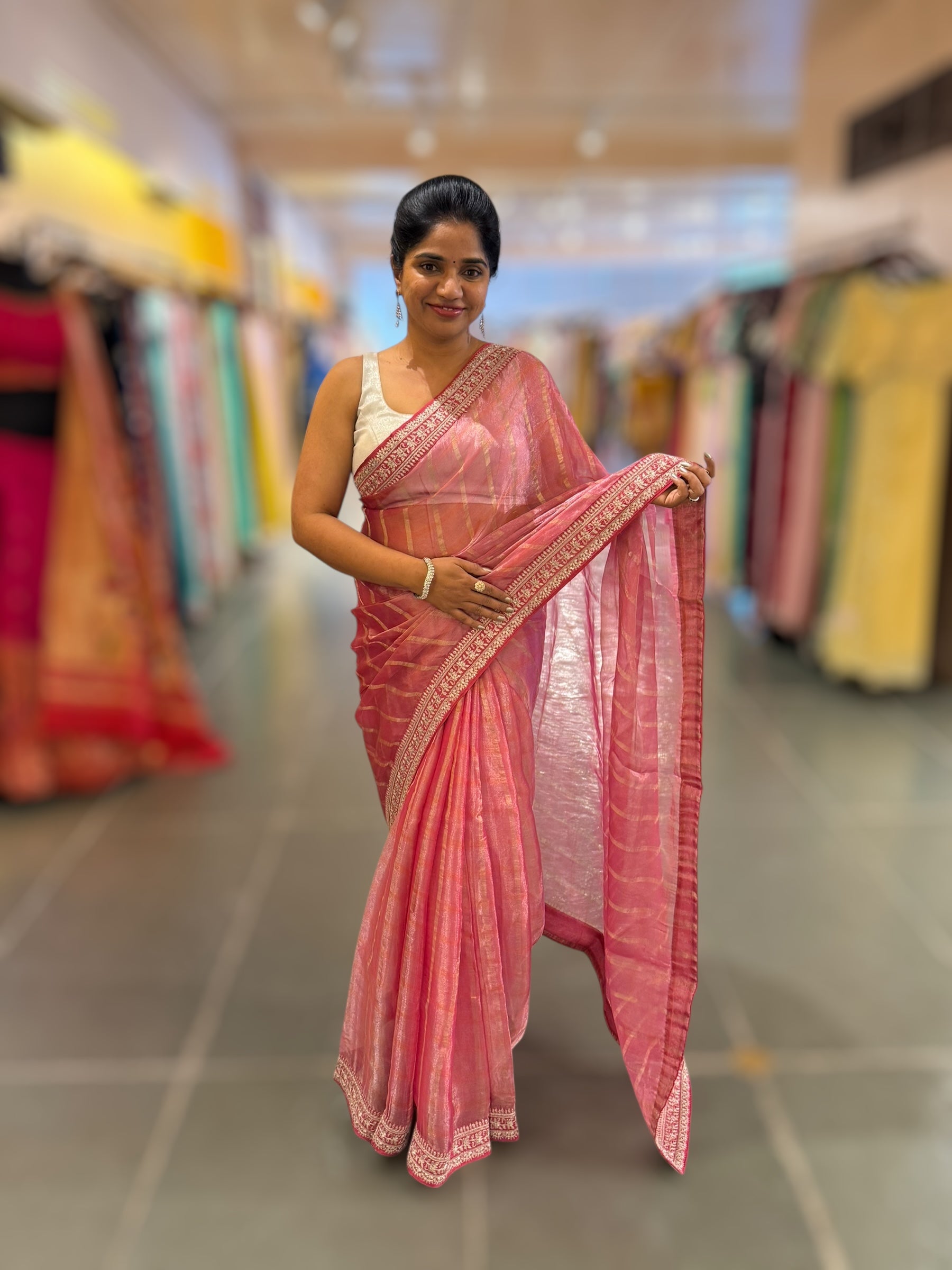 Coral Pink Pure Handloom Tissue checks Saree with sabyasachi borders