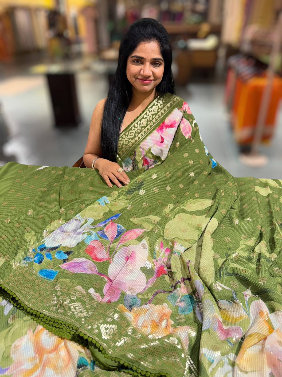 Mehendi Green georgette sequence saree with statement floral print