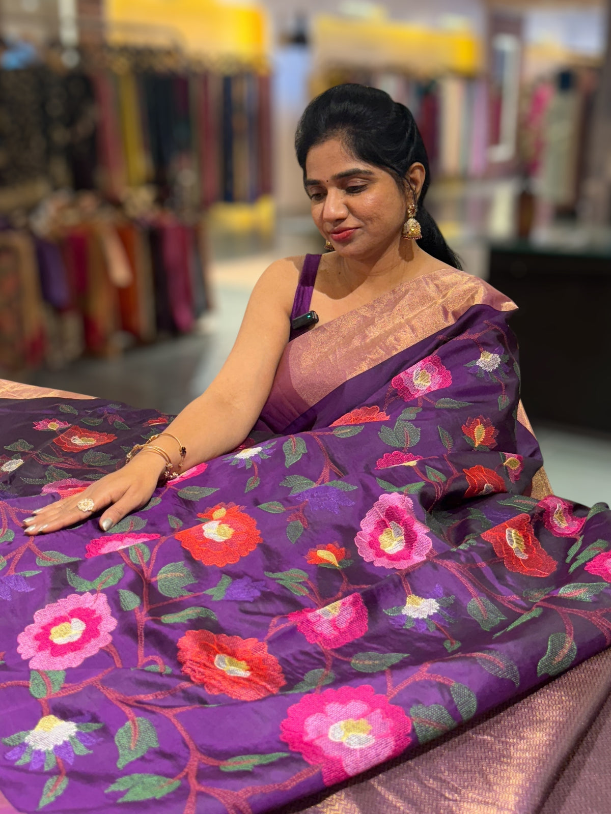 Brinjal Kanchi Soft Silk Saree with allover jamdani inspired embroidery