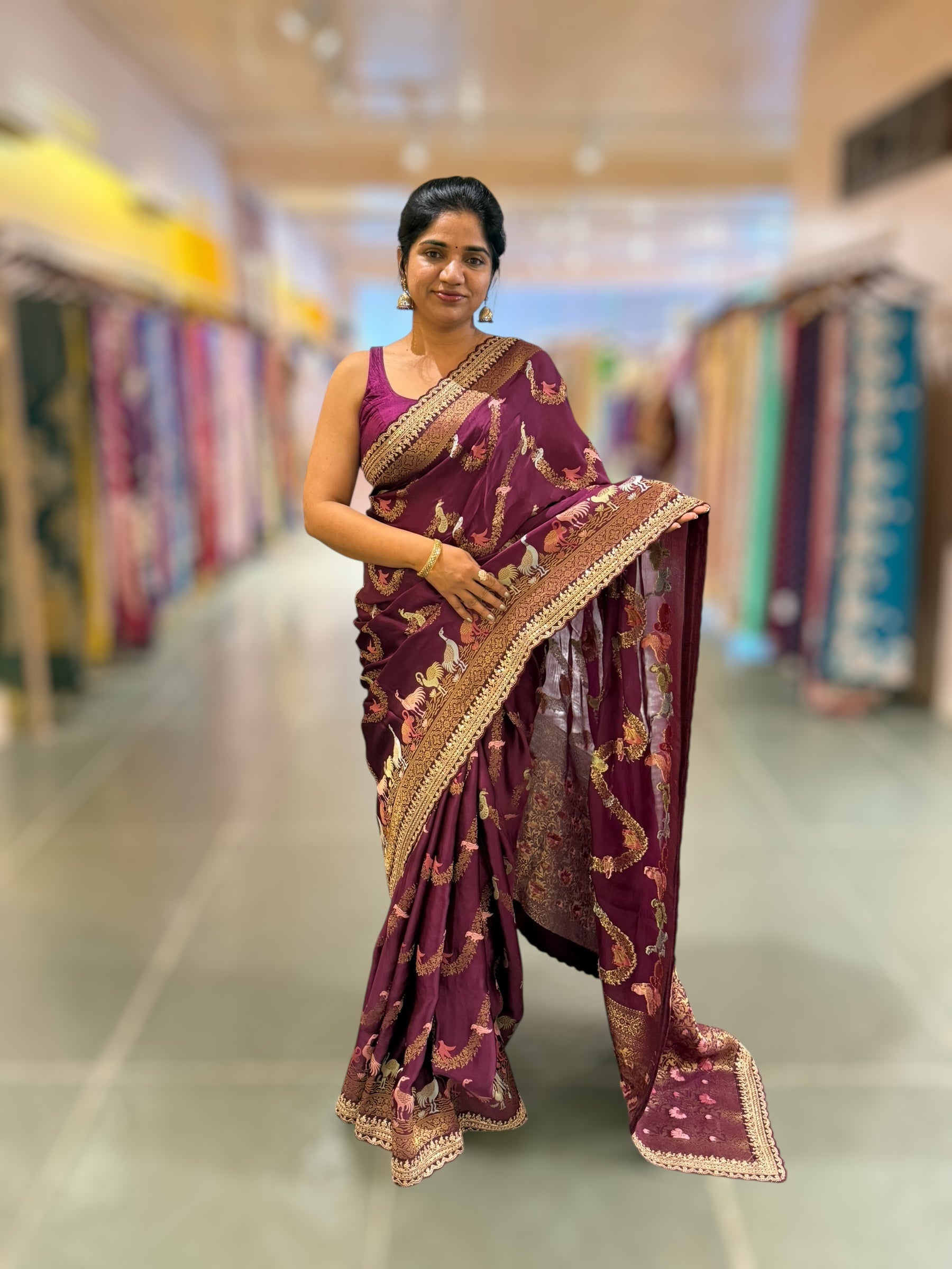 Wine Mashru Silk Saree with allover weaving and Sahbysachi borders and Blouse