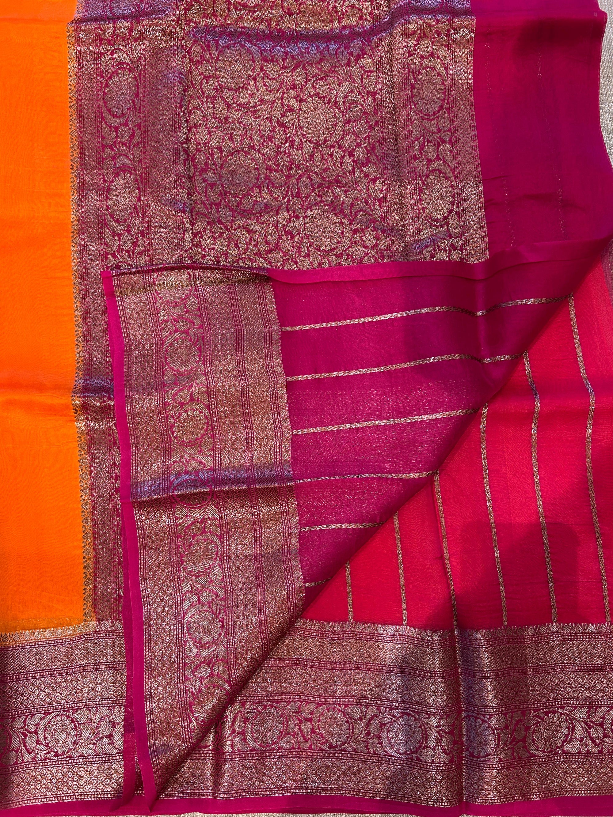 Orange & Ruby Pink Pure Handloom Kora Banarasi Saree