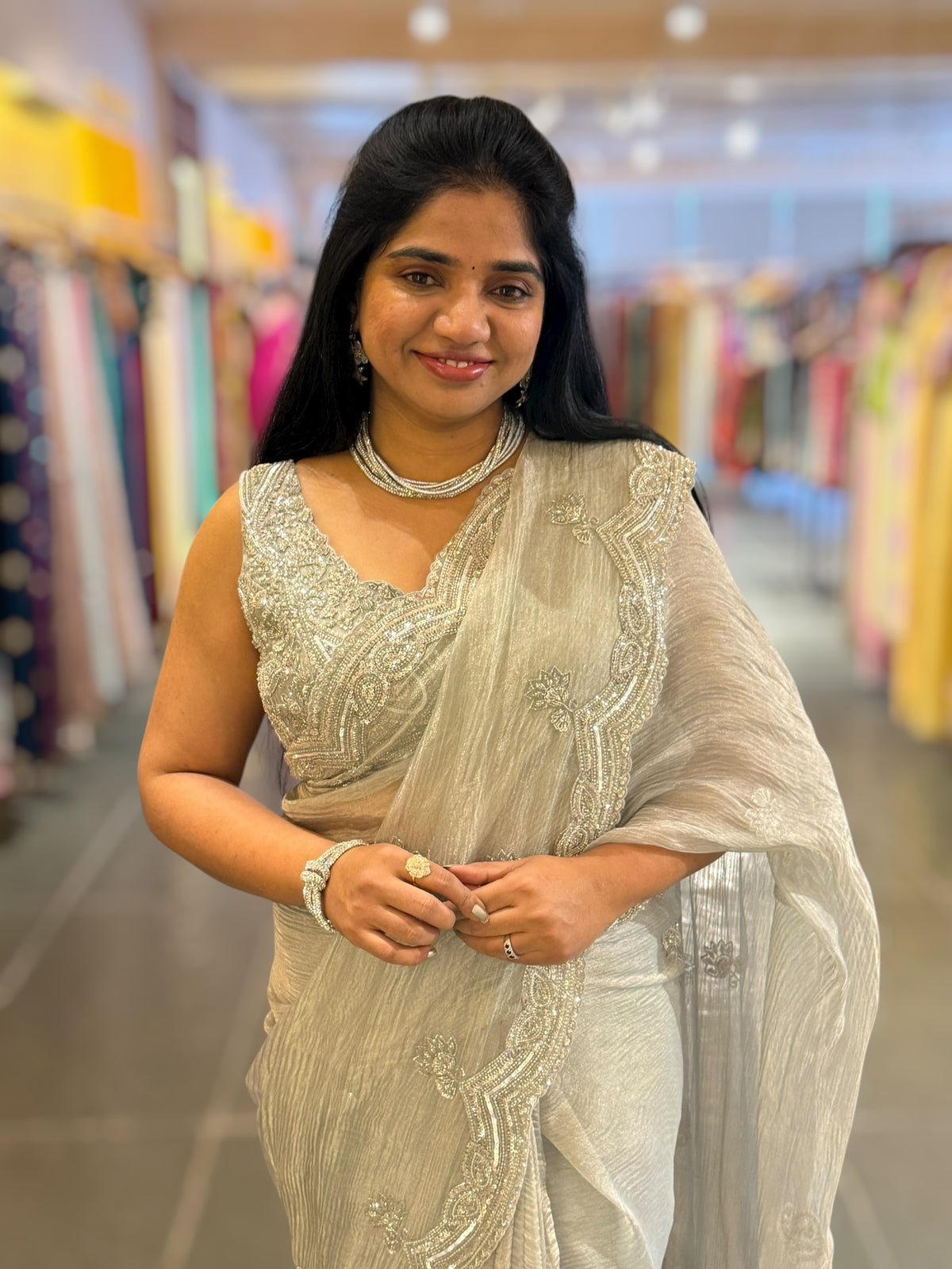 Pastel Bluish silver Crush Tissue handwork Saree