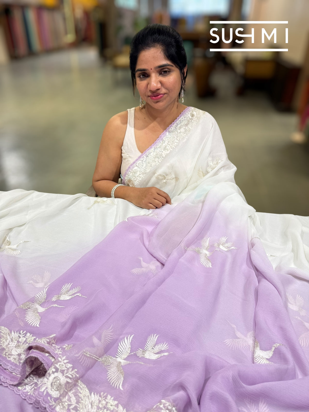Lilac Ombre dyed chiffon saree with parsigara embroidery : S62F072
