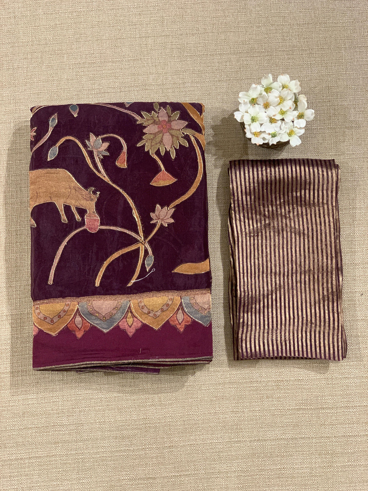 Wine Designer Organza Saree with Stunning Tissue Applique work Saree with Village theme