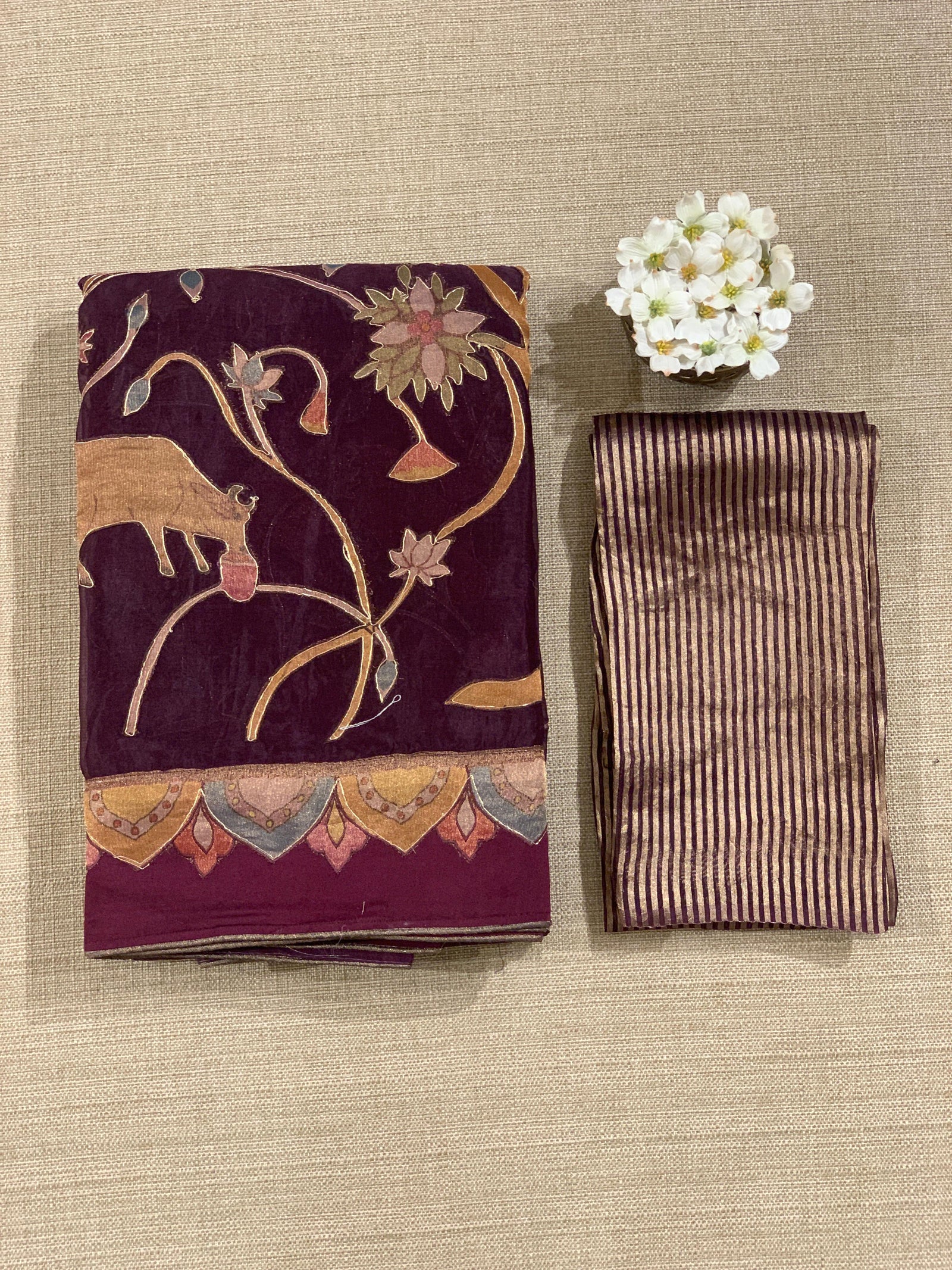 Wine Designer Organza Saree with Stunning Tissue Applique work Saree with Village theme