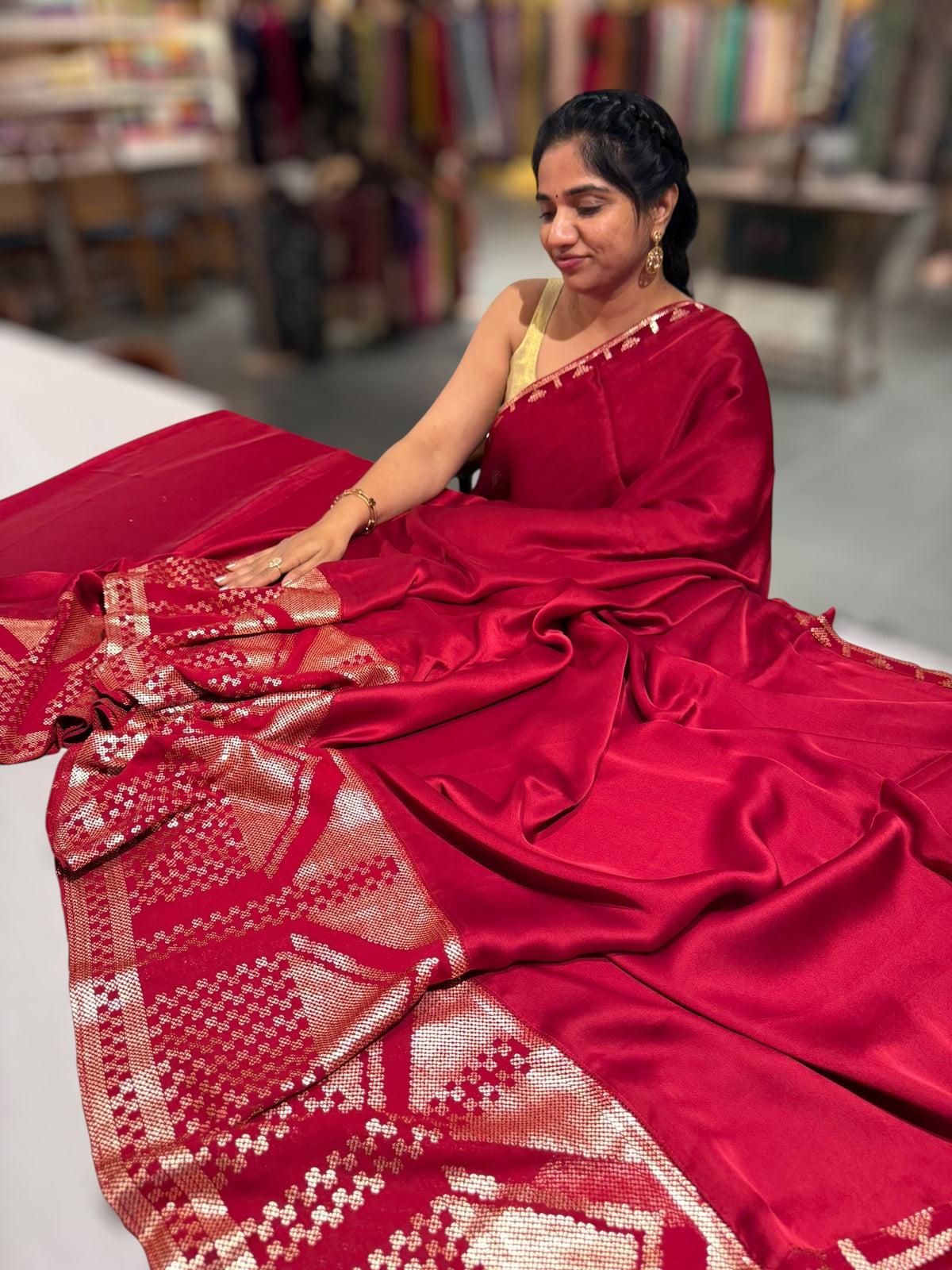 Red pure Satin Saree with designer sequence border and blouse