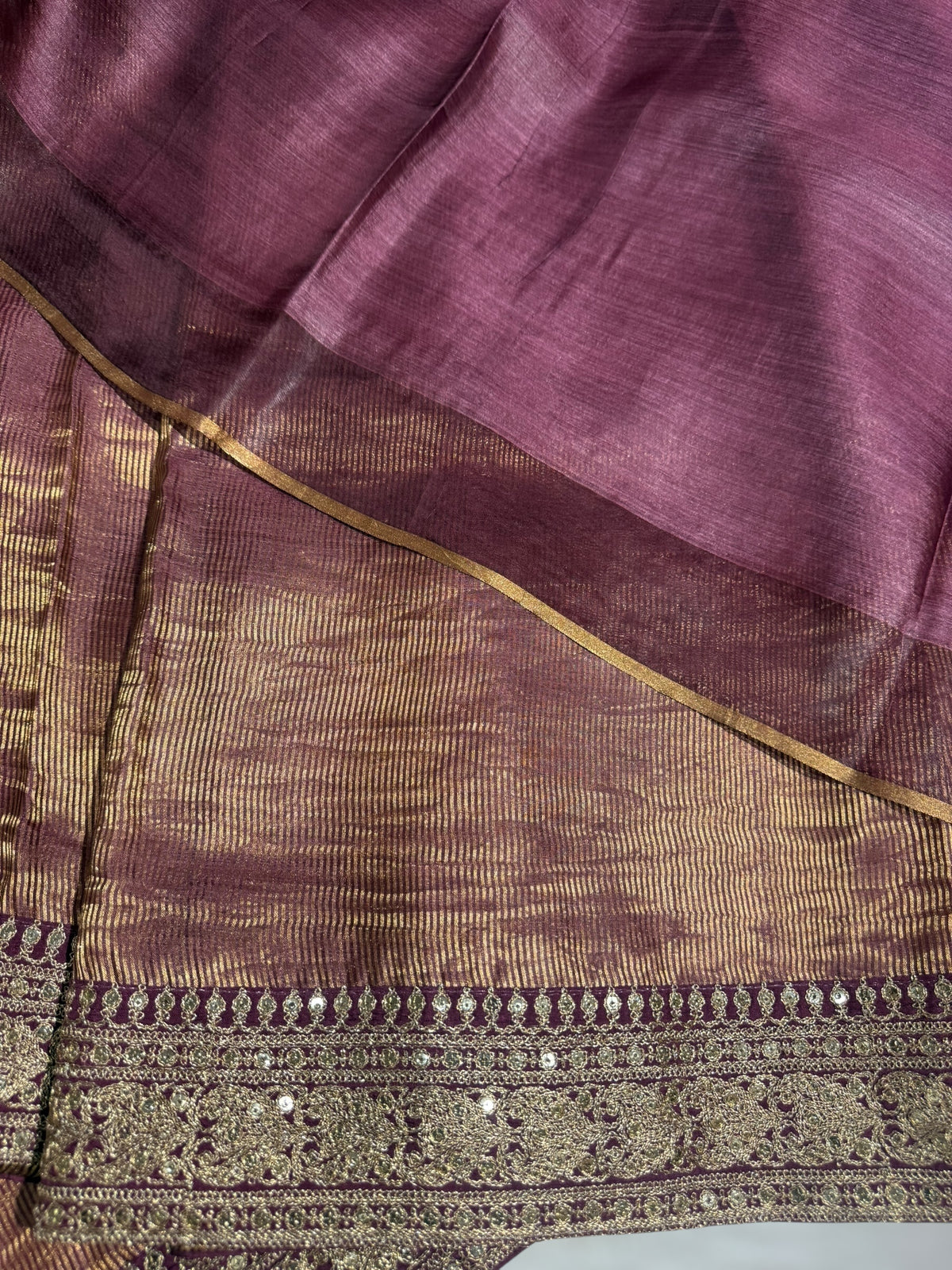 Wine kora Muslin Tissue fusion saree