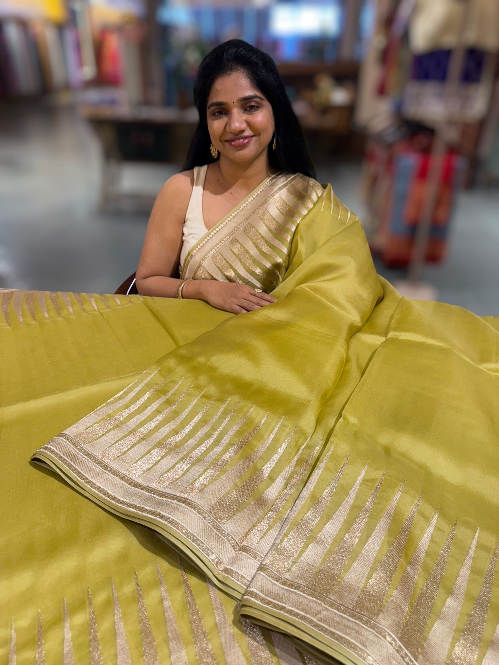 Lime Pure Organza With Temple Embroidered Border & Tussar Printed Blouse