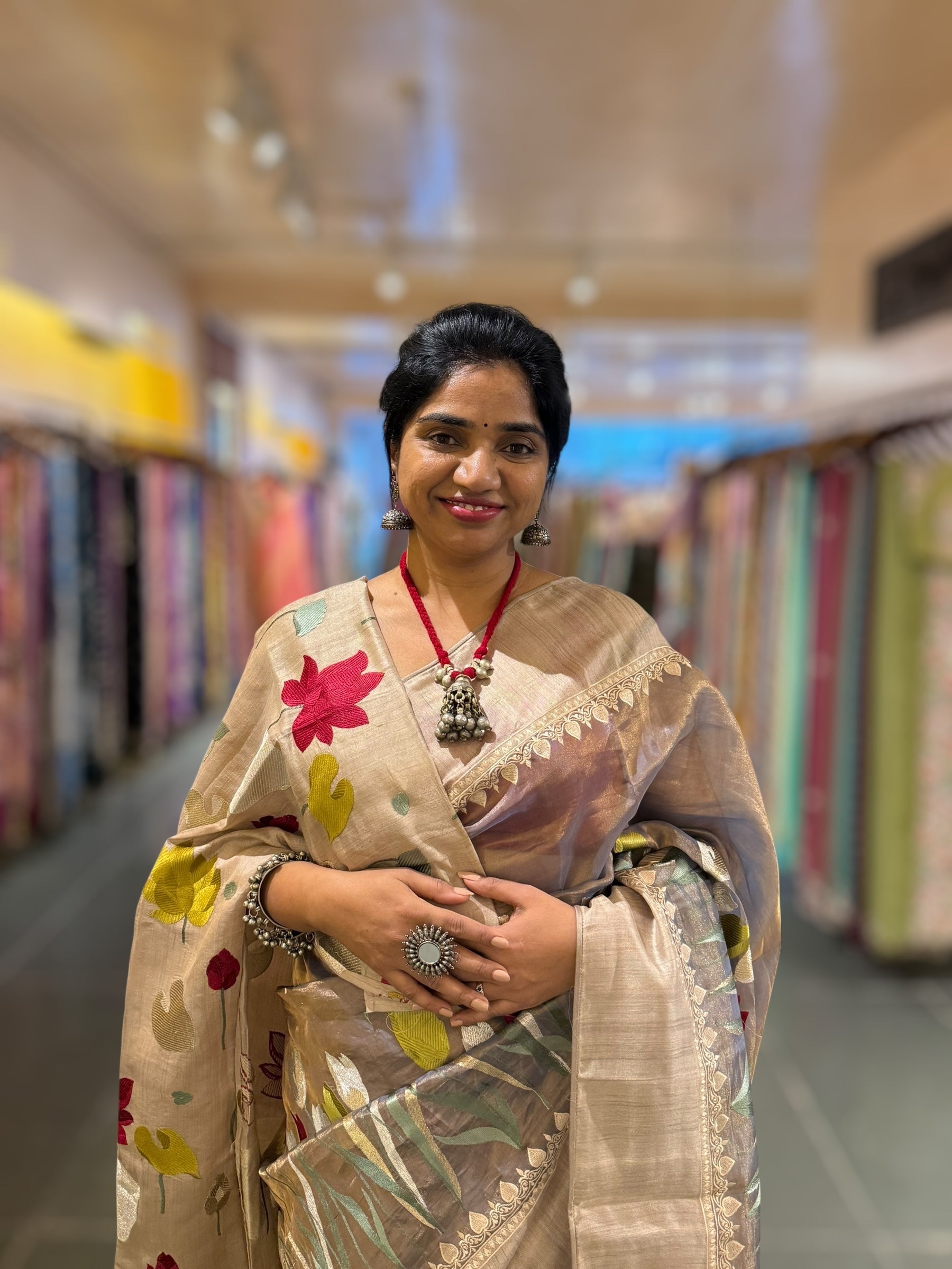 Violet Designer Handloom Tissue Saree With Tulip embroidery