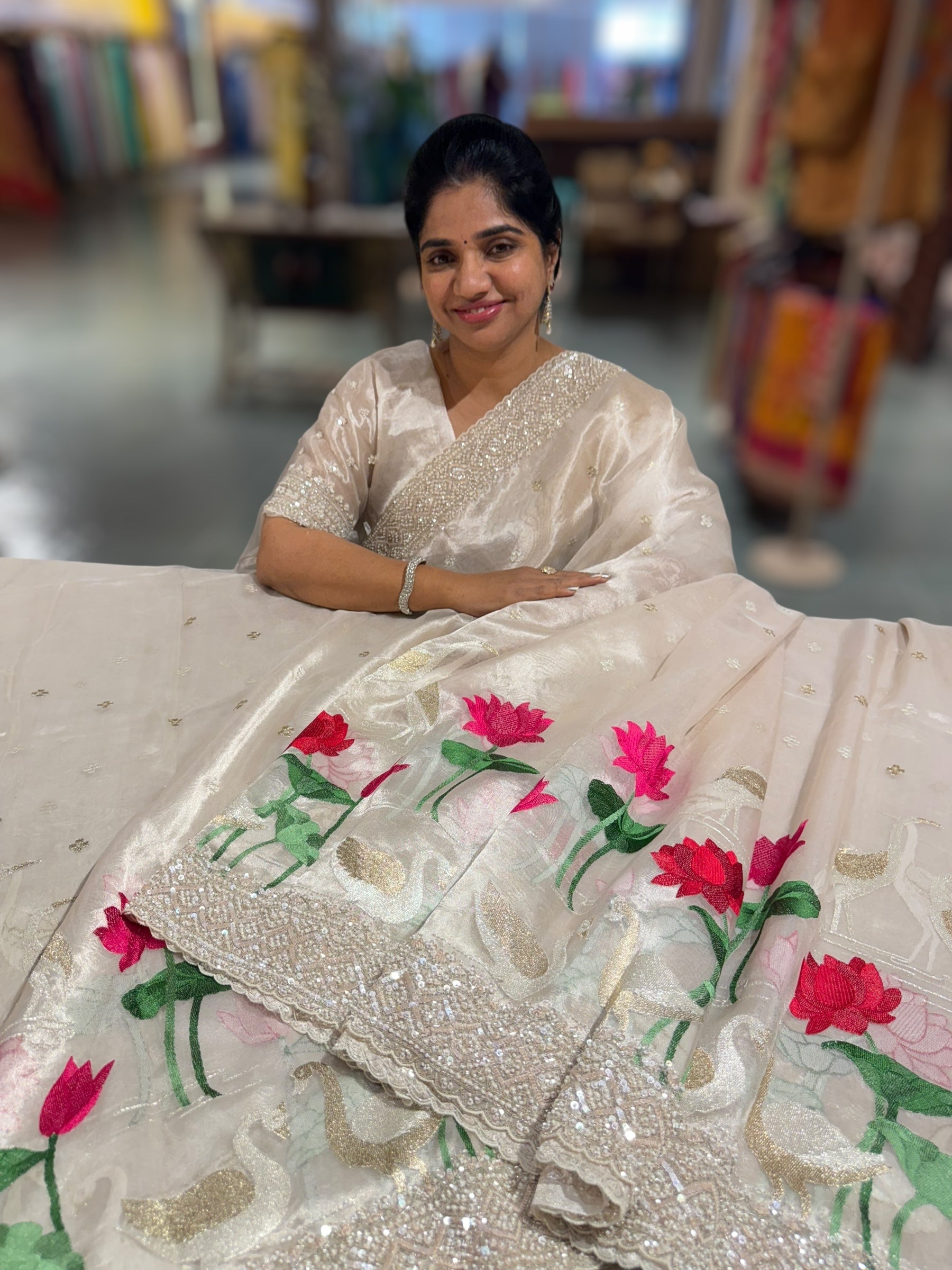 Silver Tissue Designer Saree with heavy handwork and embroidery