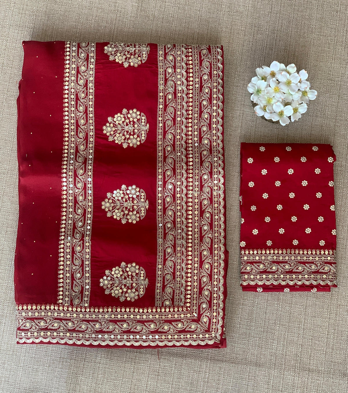 Maroon Red Pure Organza Saree with allover mukaish work & sabyasachi borders