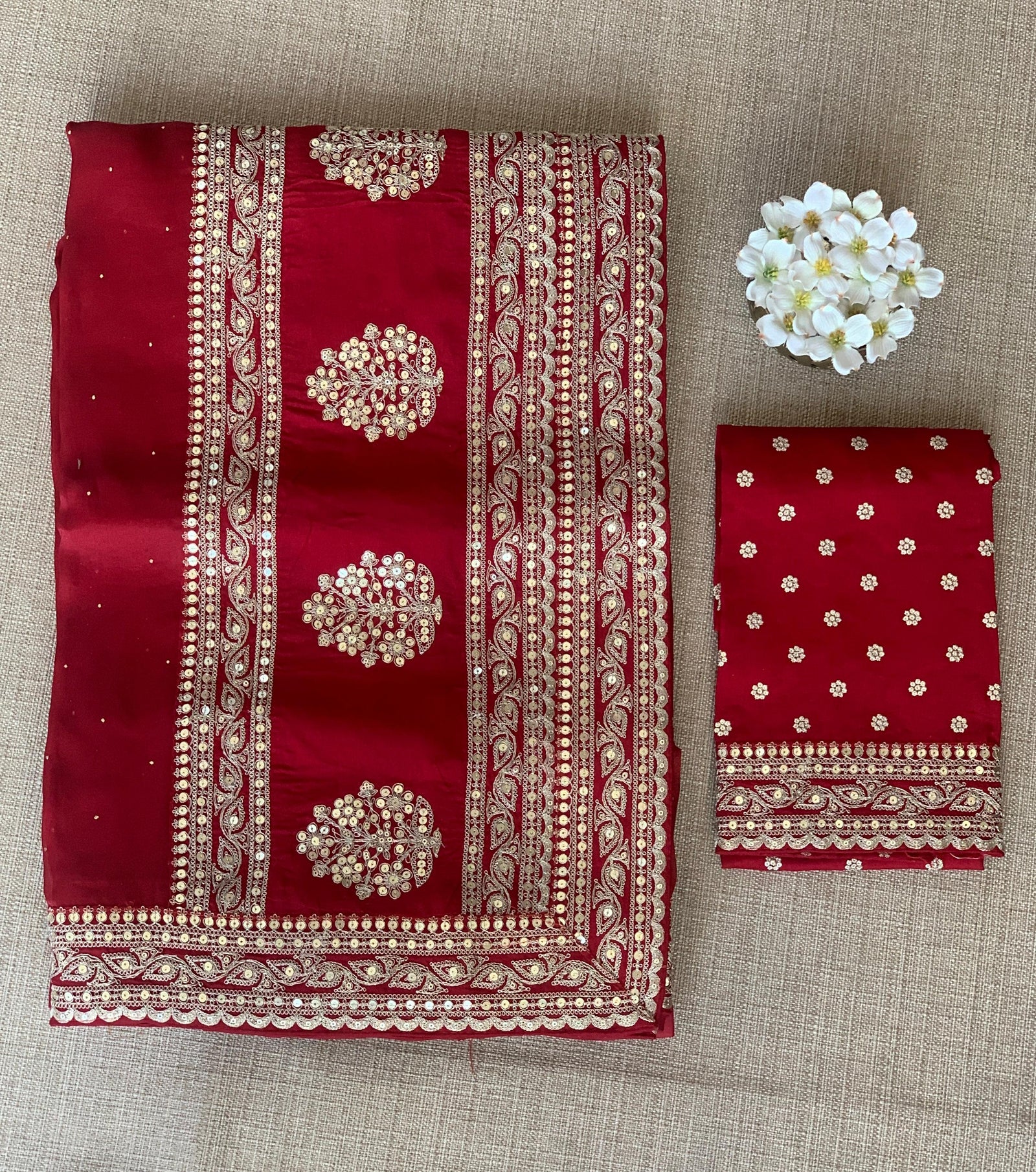 Maroon Red Pure Organza Saree with allover mukaish work & sabyasachi borders