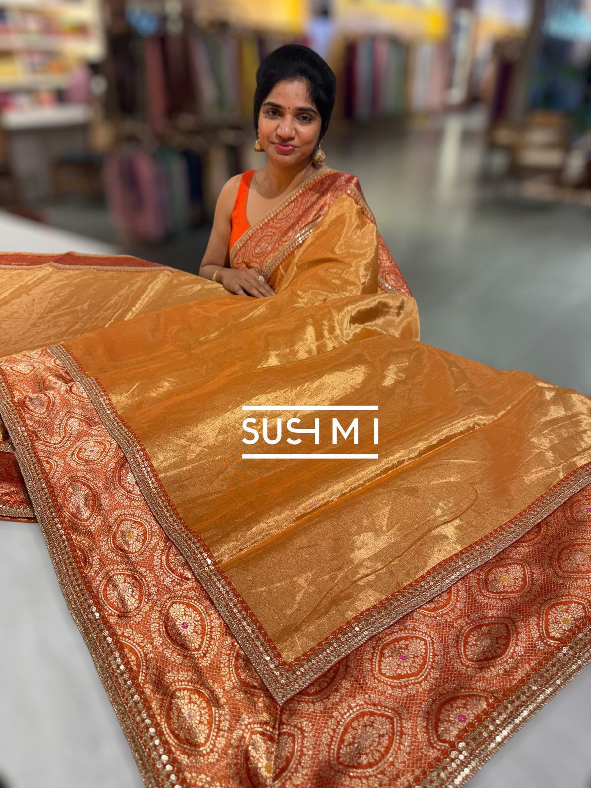 Rust Orange Fusion Banarasi Tissue Saree : S62108