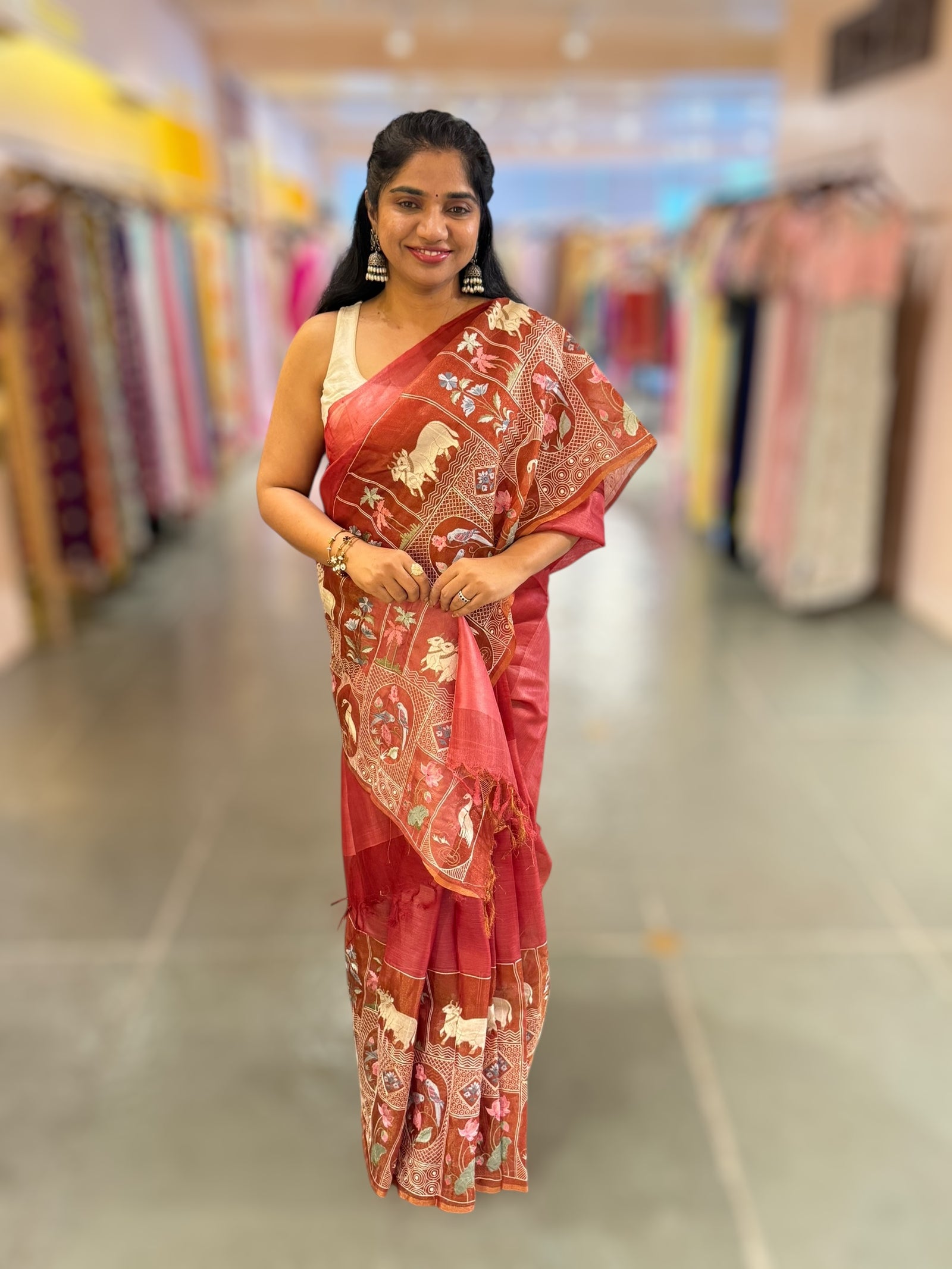 Rust Red/ Brick Red Kora-Tussar blend Handloom Saree with Tissue embroidered Skirt Border