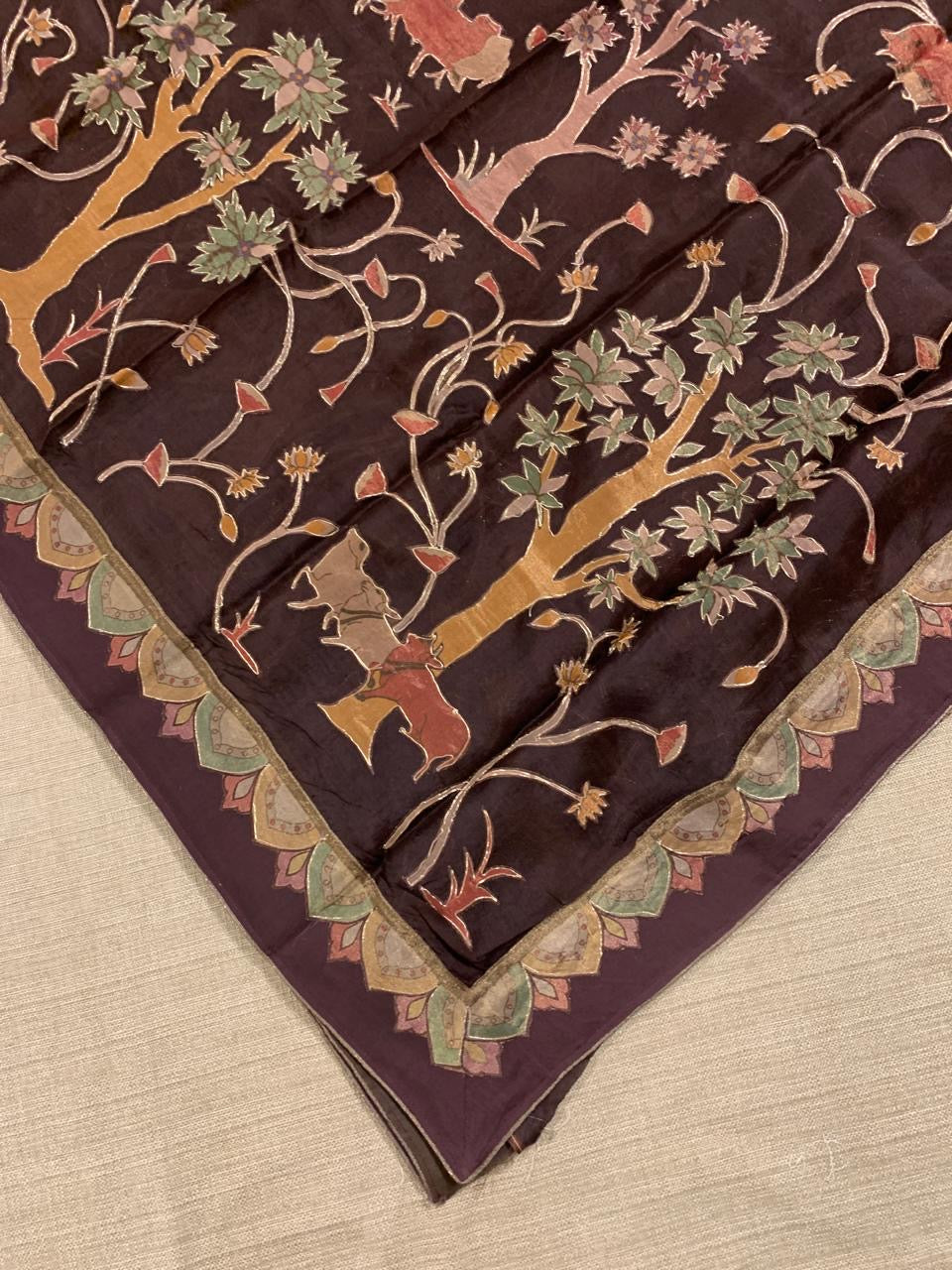 Brown Designer Organza Saree with Stunning Tissue Applique work Saree with Village theme