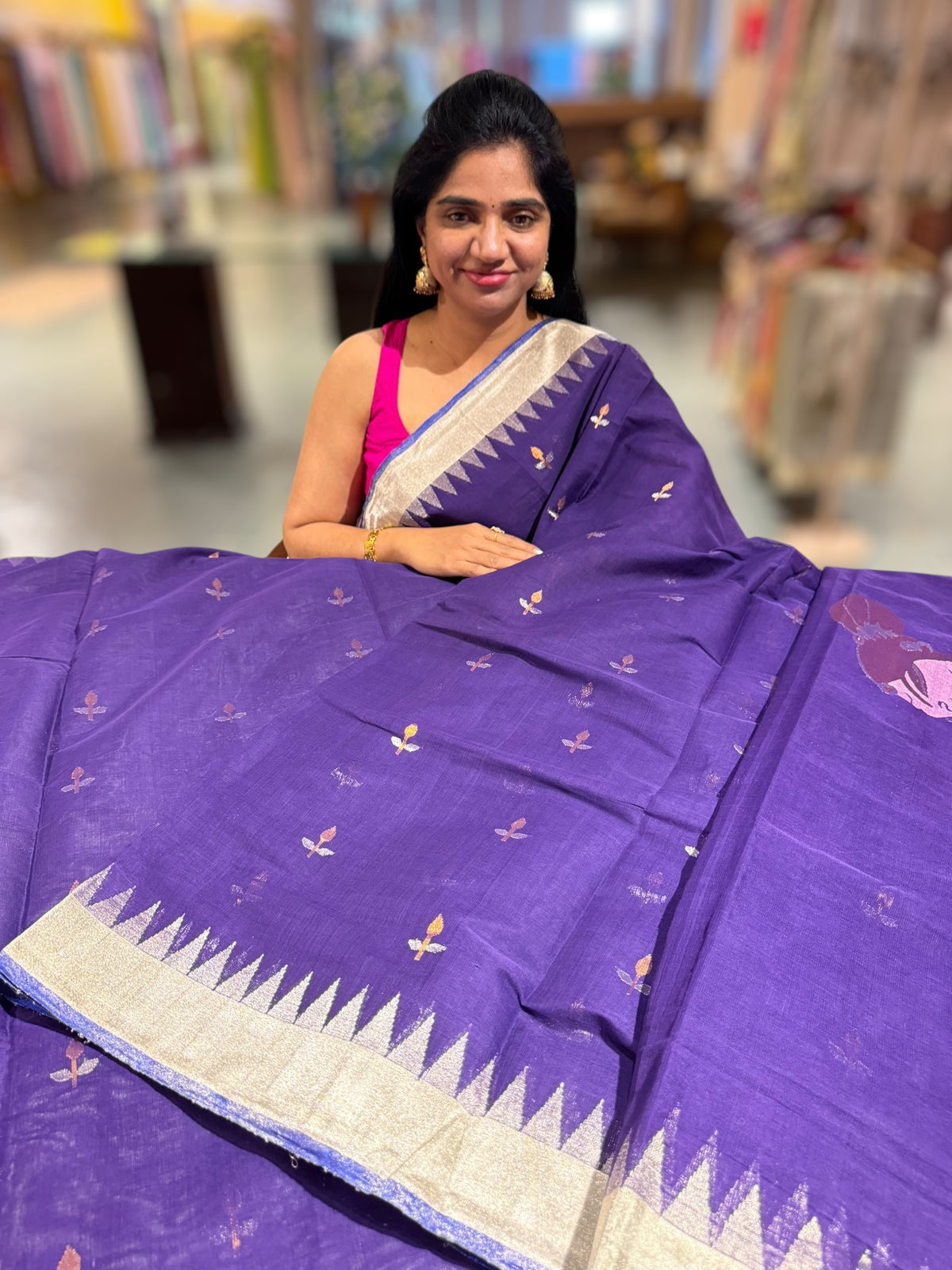 Violet Pure  handloom Ponduru Khadi jamdani Saree with designer pallu