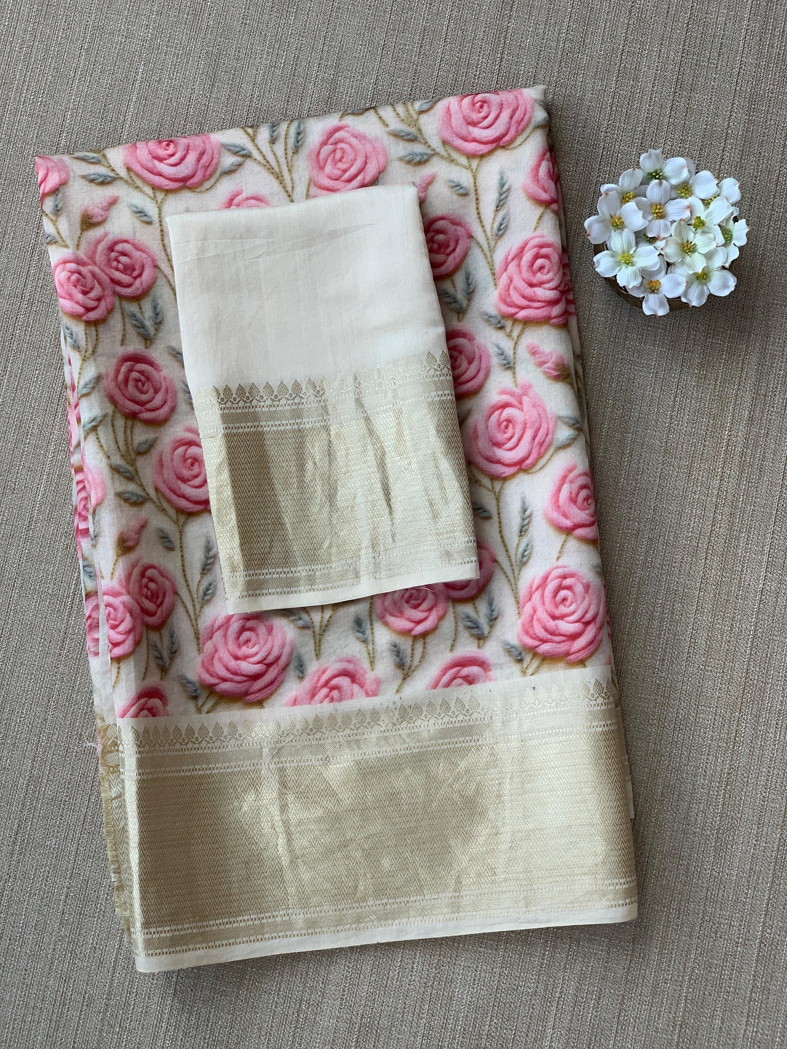 Halfwhite Pure Handloom Chiniya Silk Saree with stunning 3DRose Floral Print and zari borders