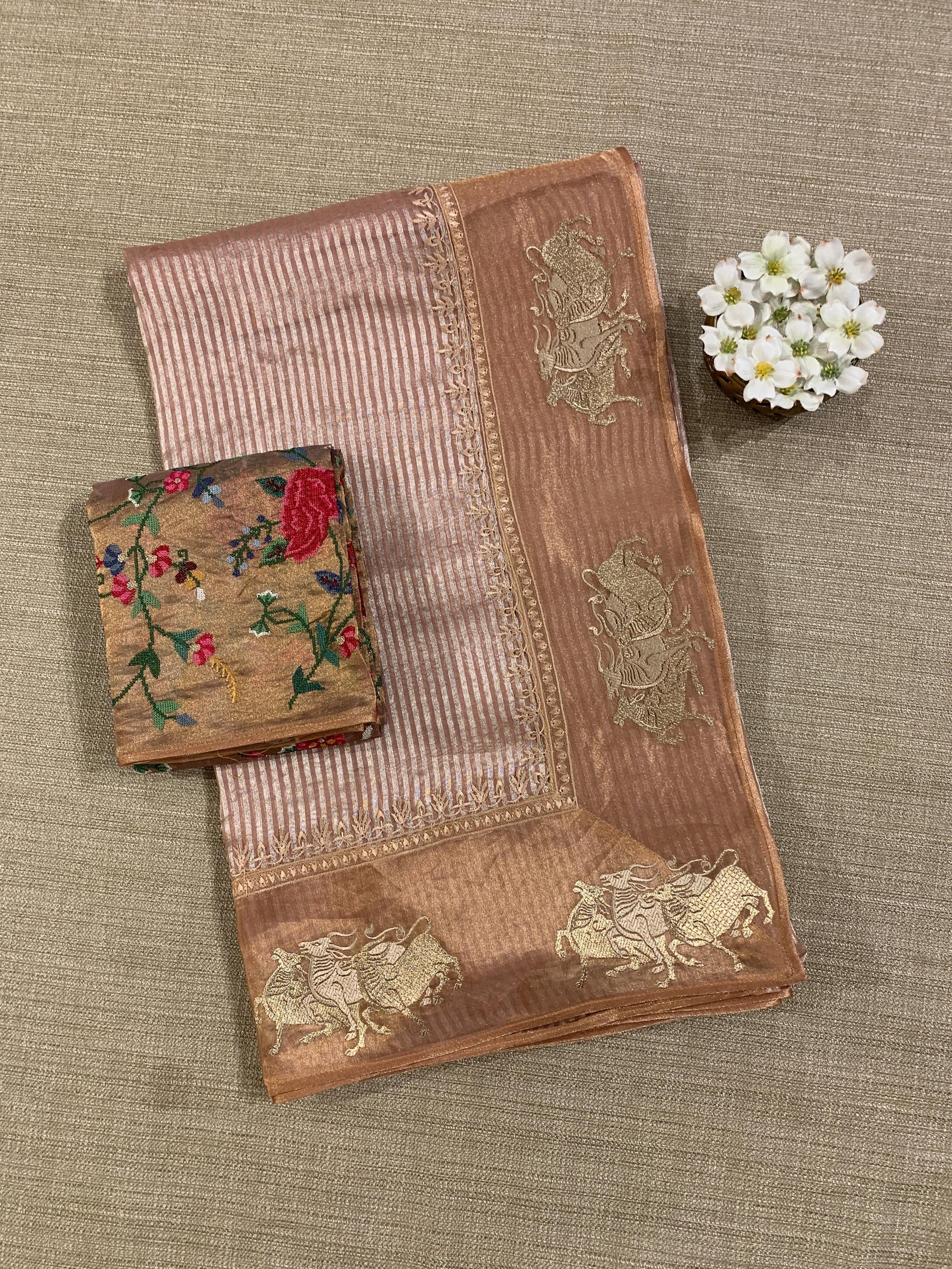 Peach Pink Kora tissue stripes Saree with Nandi embroidered tissue border