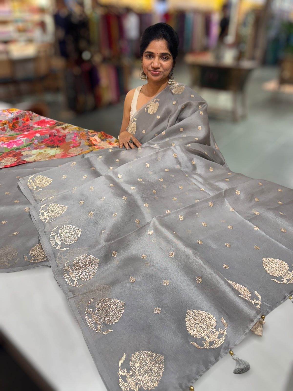 Grey Organza Saree With Embroidery & Tussar Printed Blouse