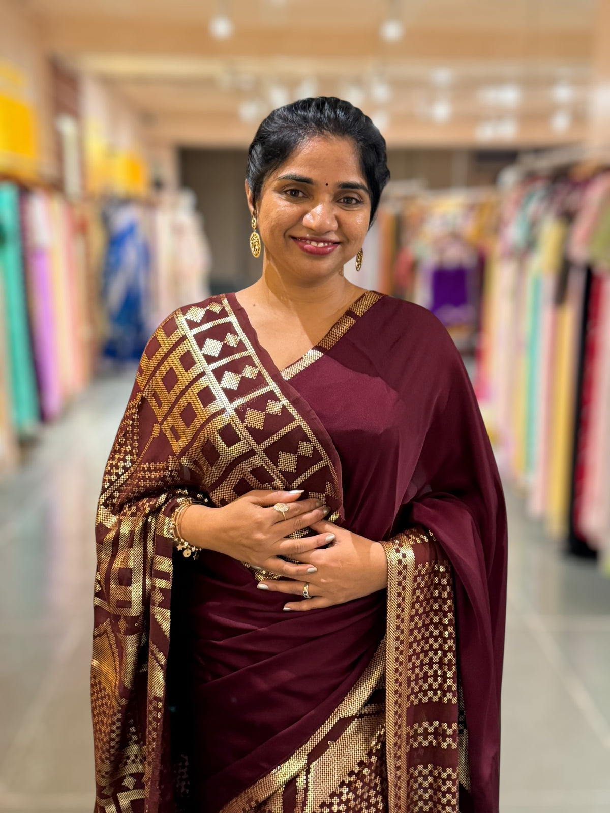 Burgundy Pure Satin Saree with designer sequence border and blouse