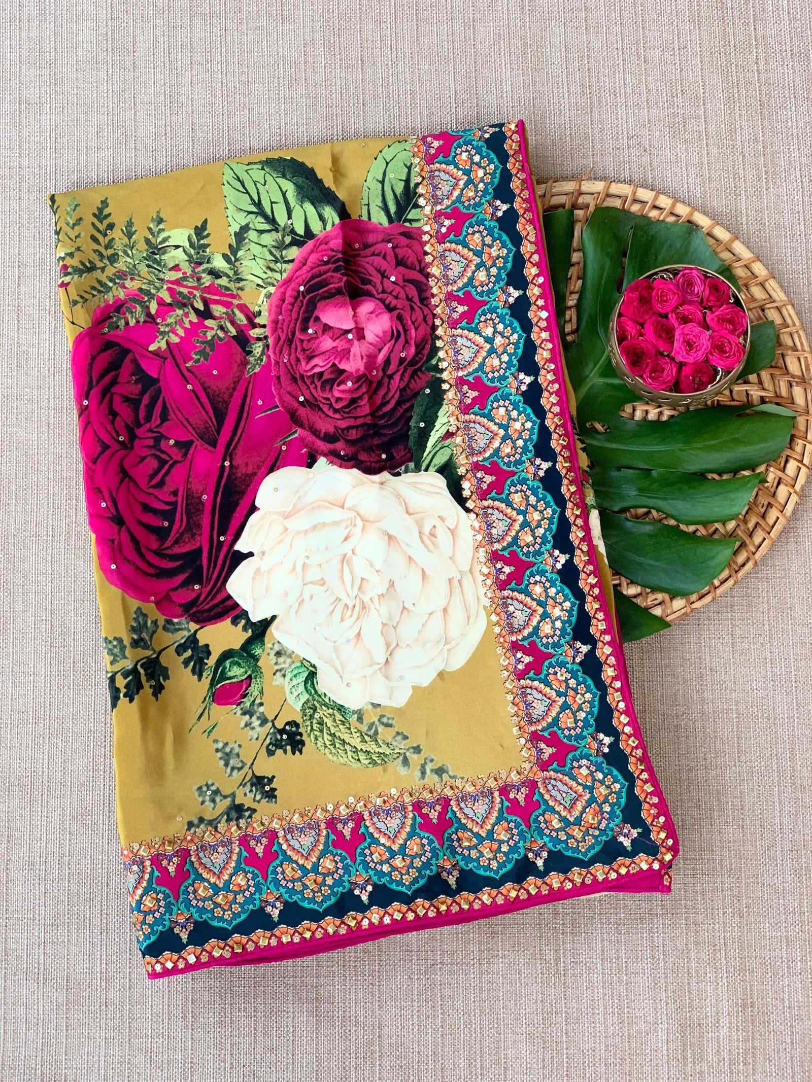 Mustard Gold Designer Crepe Silk Saree : D62F030