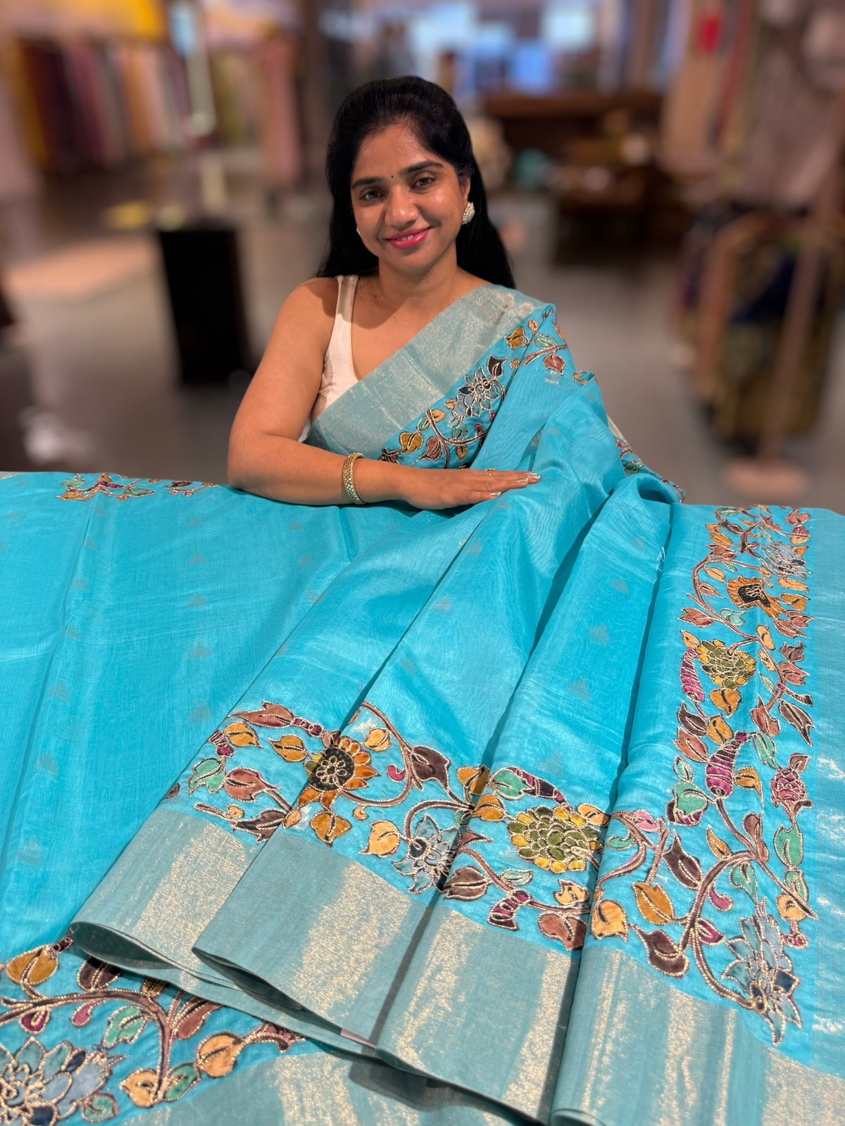 Teal Blue chanderi silk cotton saree with kalamkari applique border