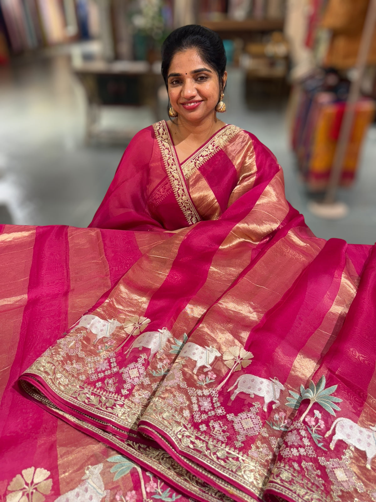 Dark Pink Kora Tissue Stripes Saree With Jamdani  & Pichwai embroidered Border