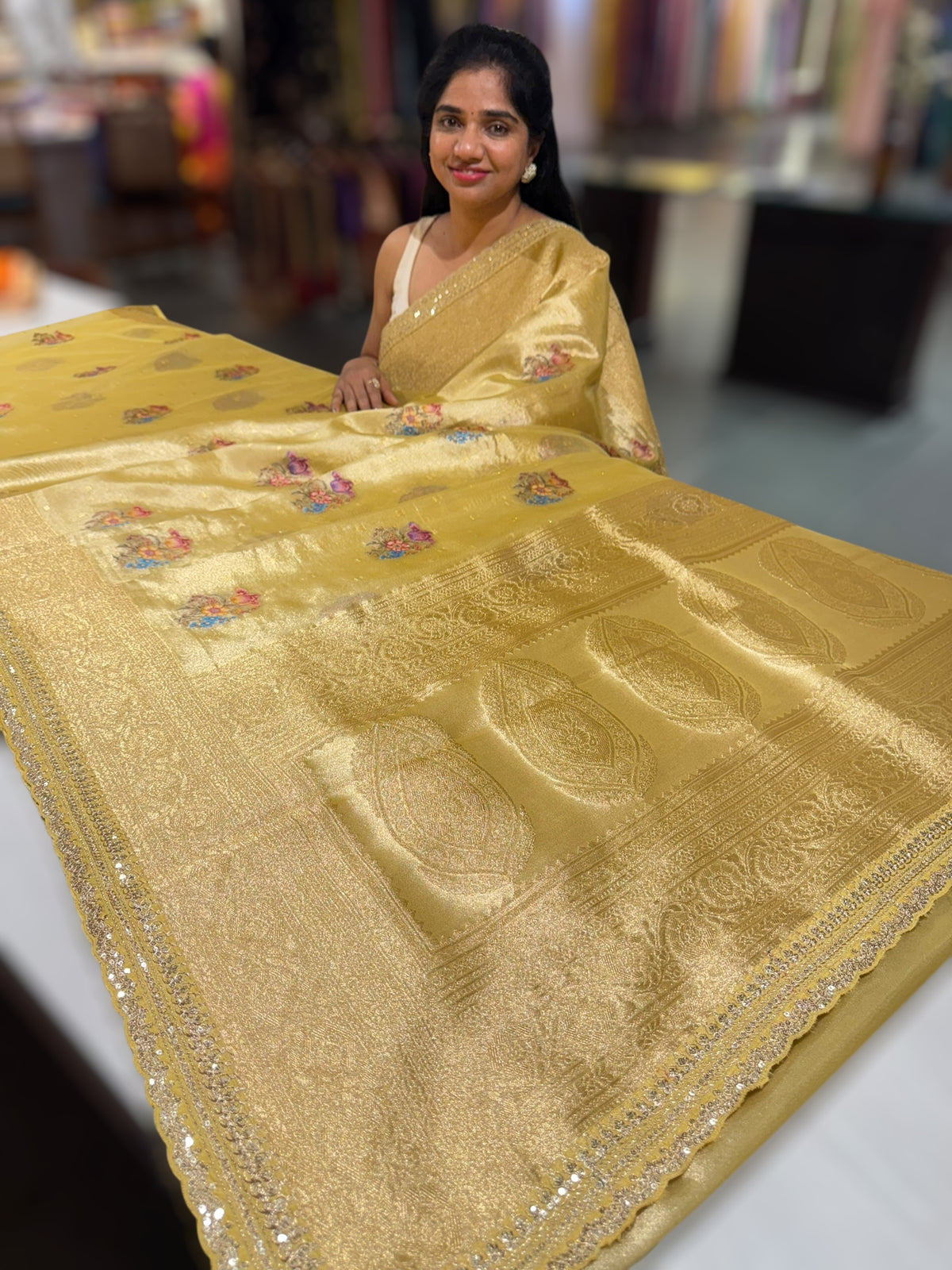 Pastel yellow banarasi tissue saree