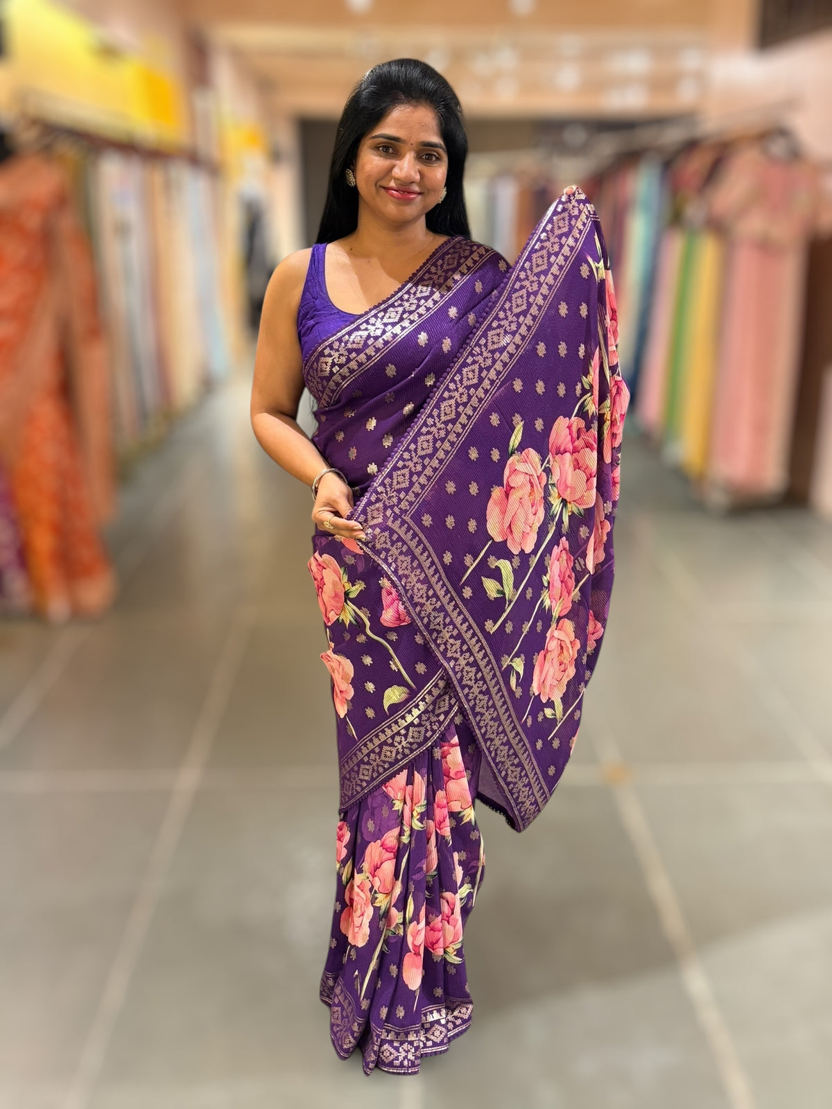 Brinjal georgette sequence saree with statement floral print