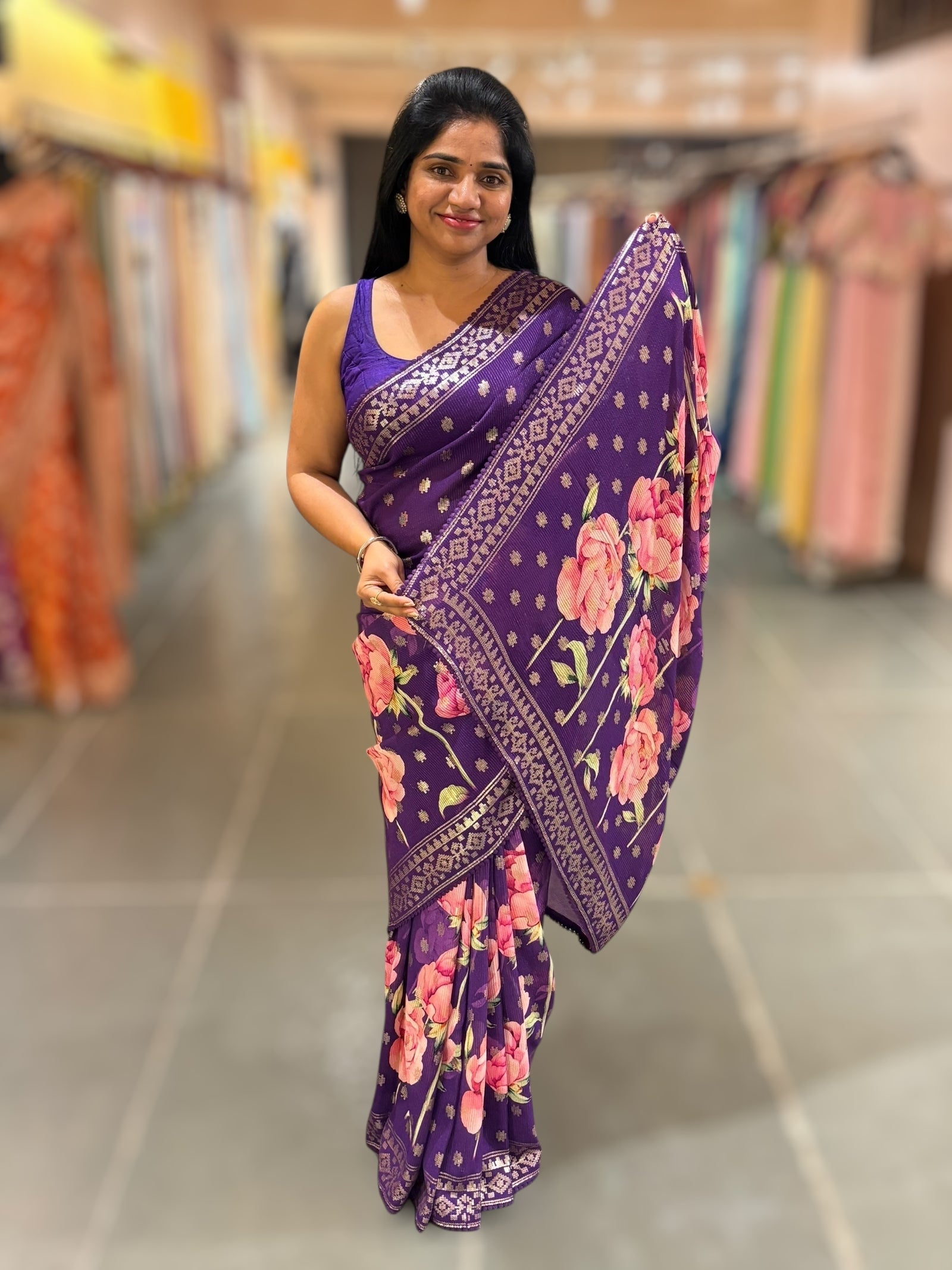Brinjal georgette sequence saree with statement floral print