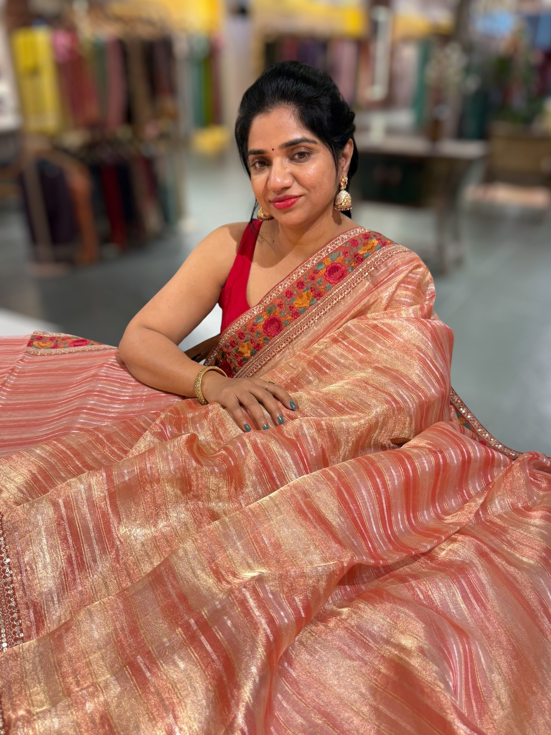 Peachish Rust Kora Tissue Stripes Saree with Sabhyasachi Style Embroidered Borders & Blouse