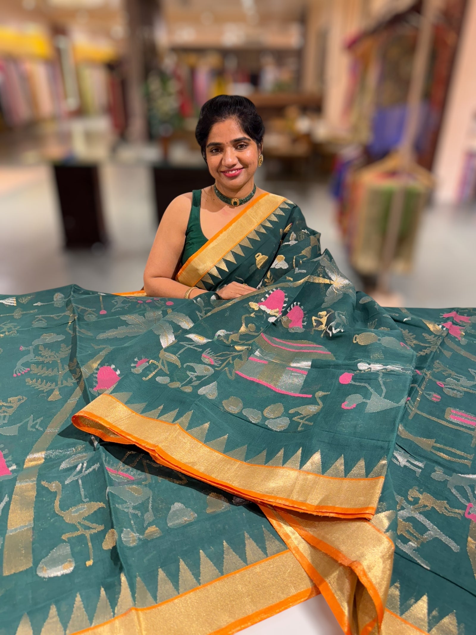 Forest Green Ponduru Khadi Jamdani Allover Weaving Saree with village Theme