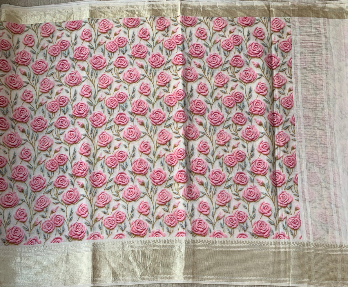 Halfwhite Pure Handloom Chiniya Silk Saree with stunning 3DRose Floral Print and zari borders
