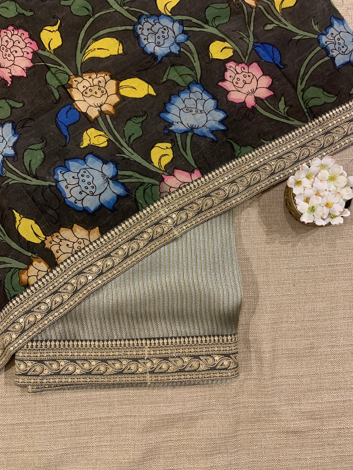 Elephant Grey Banarasi tonchoi with pen kalamkari Blouses