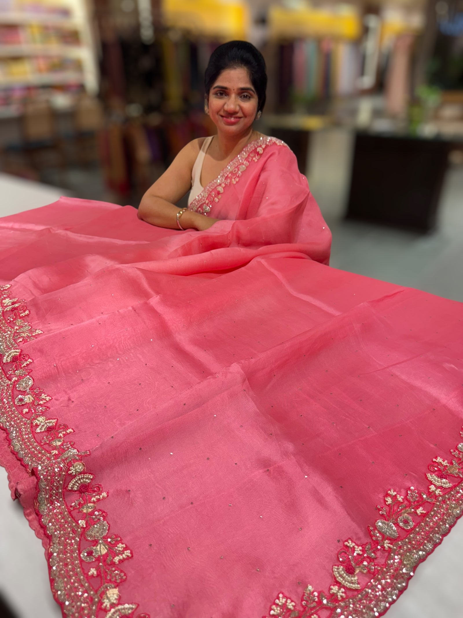 Coral pure organza with handwork