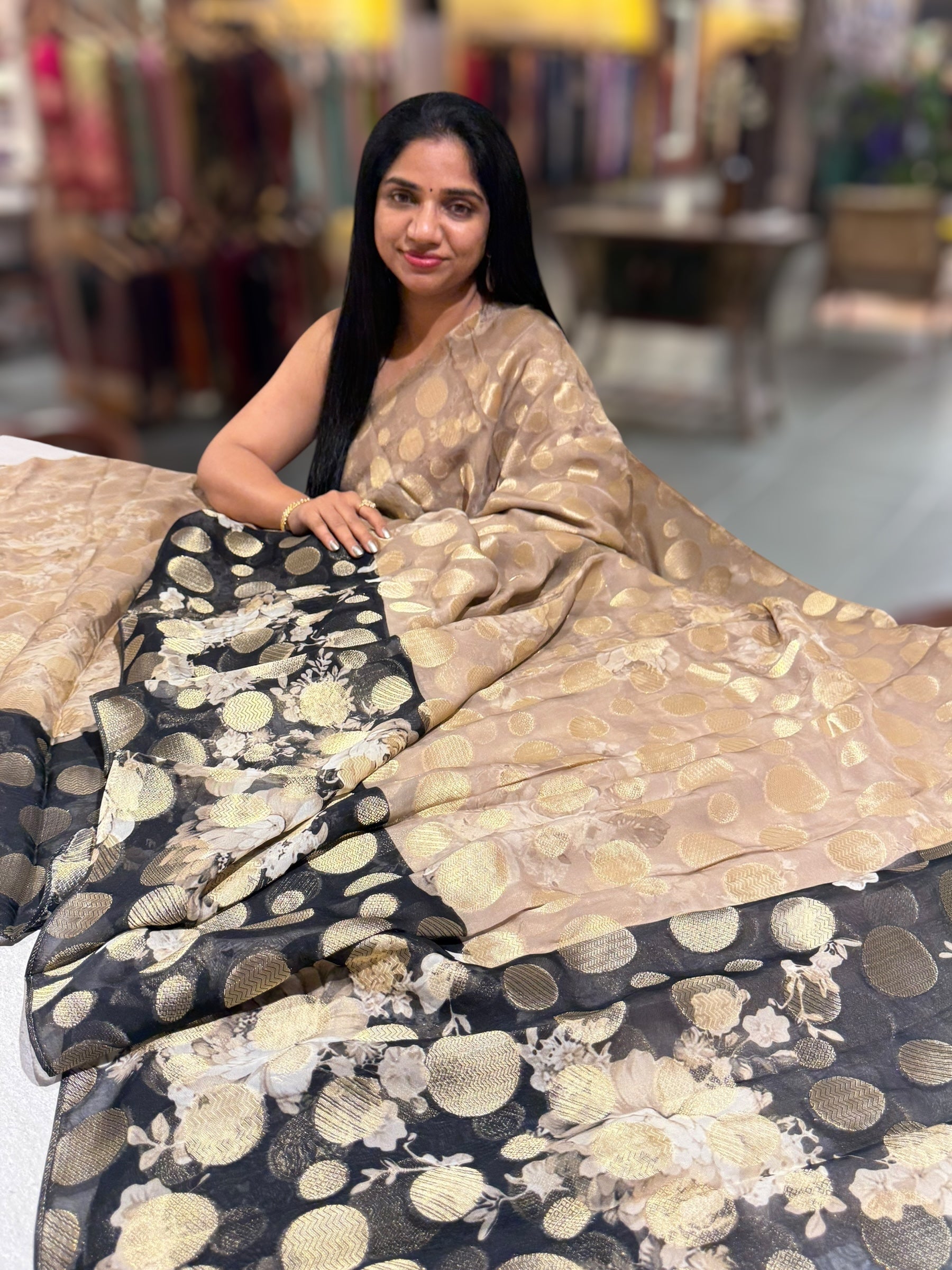 Chikoo Banarasi Kora Gorgette Polka dot Printed Saree