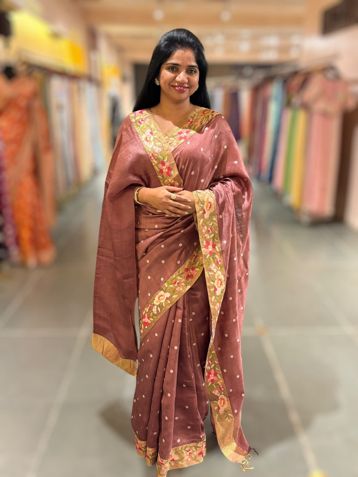 English Brown Raw Silk Saree with Embroidery