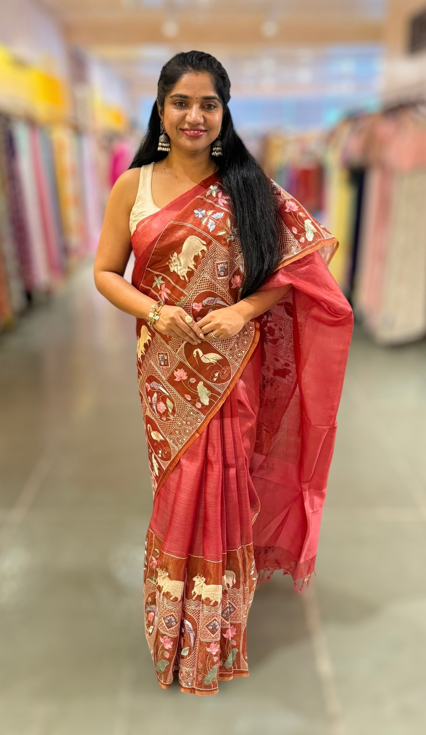 Rust Red/ Brick Red Kora-Tussar blend Handloom Saree with Tissue embroidered Skirt Border