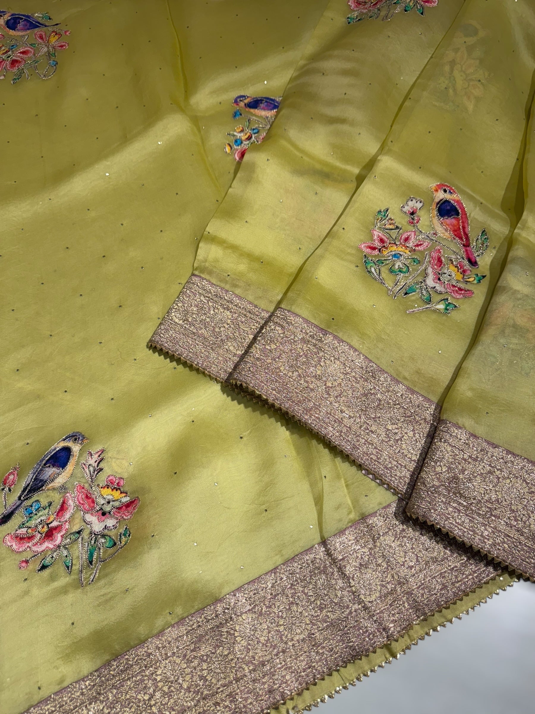 Lime yellow Pure Organza Saree with banarasi pitawork border and bird applique motifs allover the saree