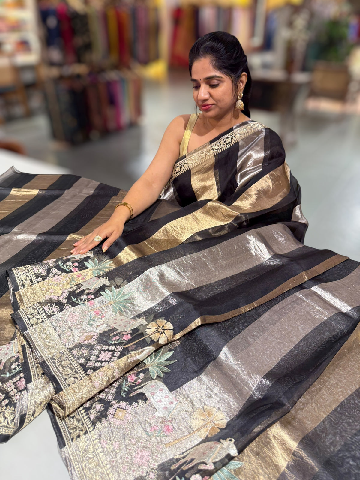 Black Kora Tissue Stripes Saree With Jamdani  & Pichwai embroidered Border