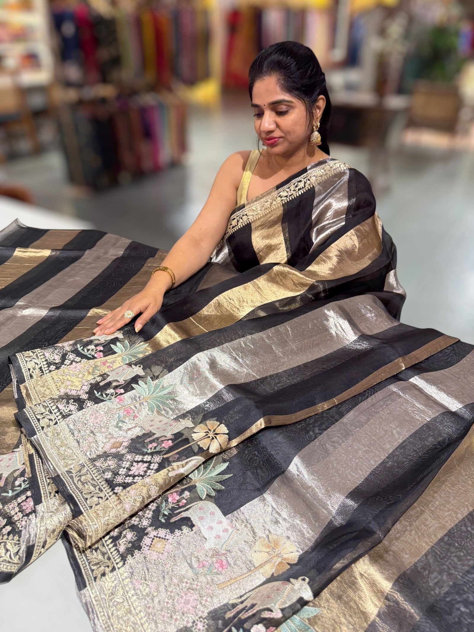 Black Kora Tissue Stripes Saree With Jamdani  & Pichwai embroidered Border