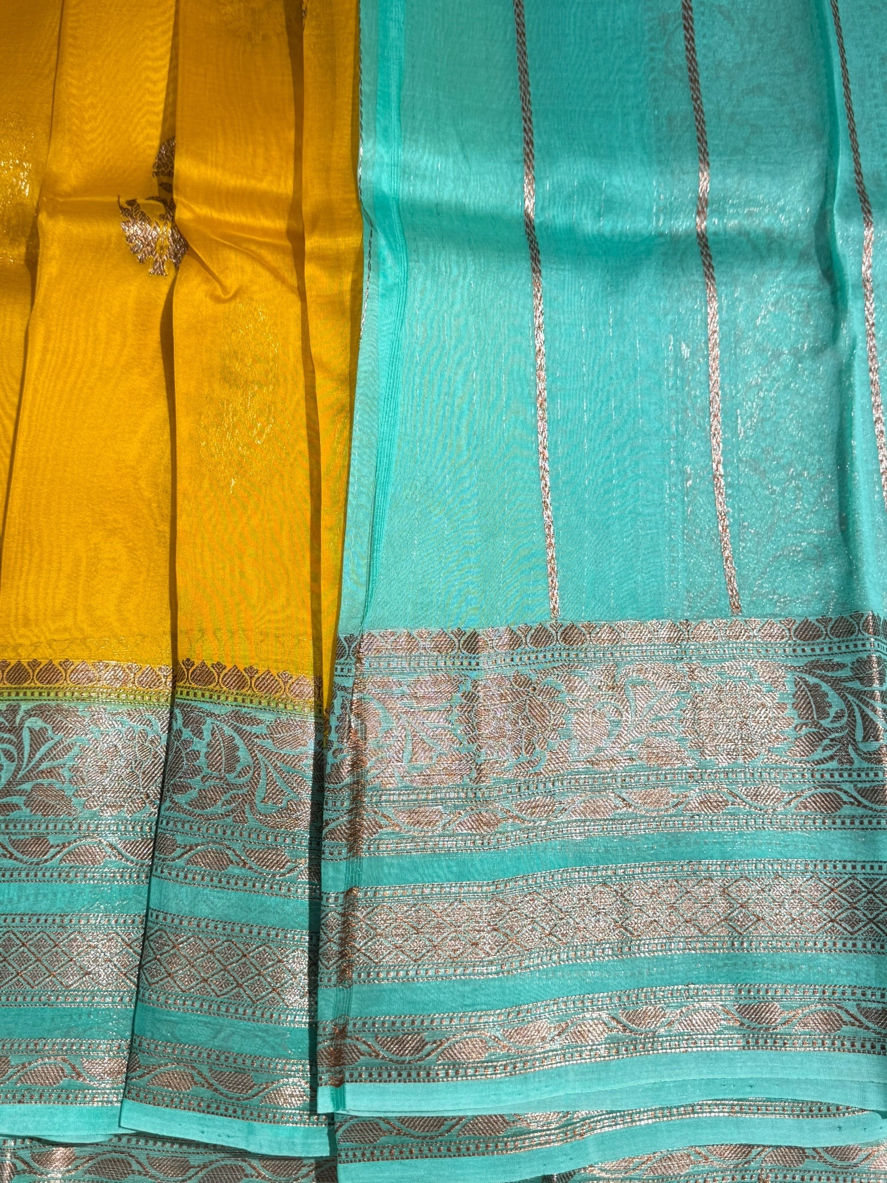 Yellow & Teal Pure Handloom Kora Banarasi Saree