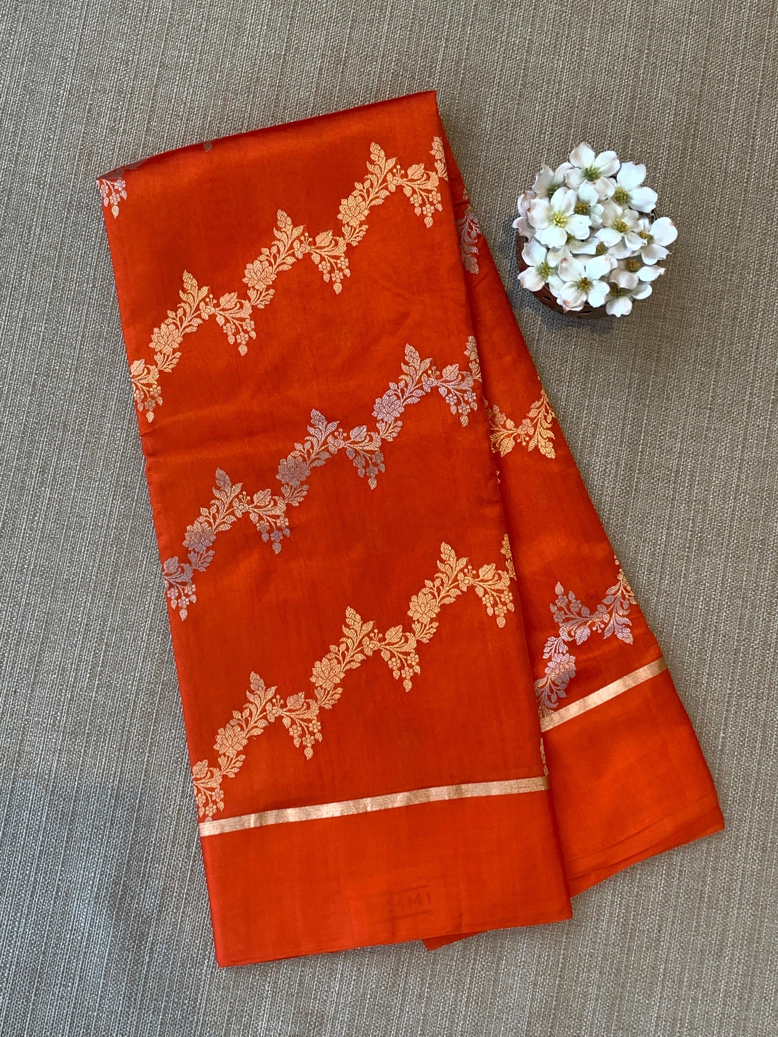 Orange Poona Silk Saree in half and half style