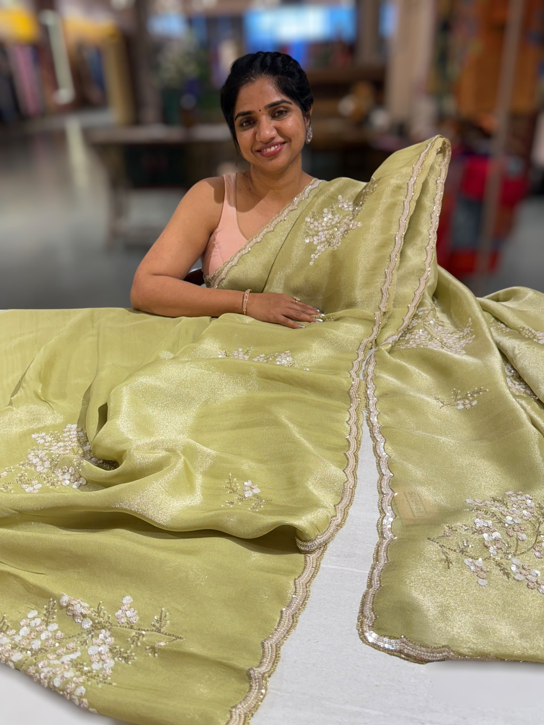 Tissue Gorgette Saree With Handwork Border and Blouse.
