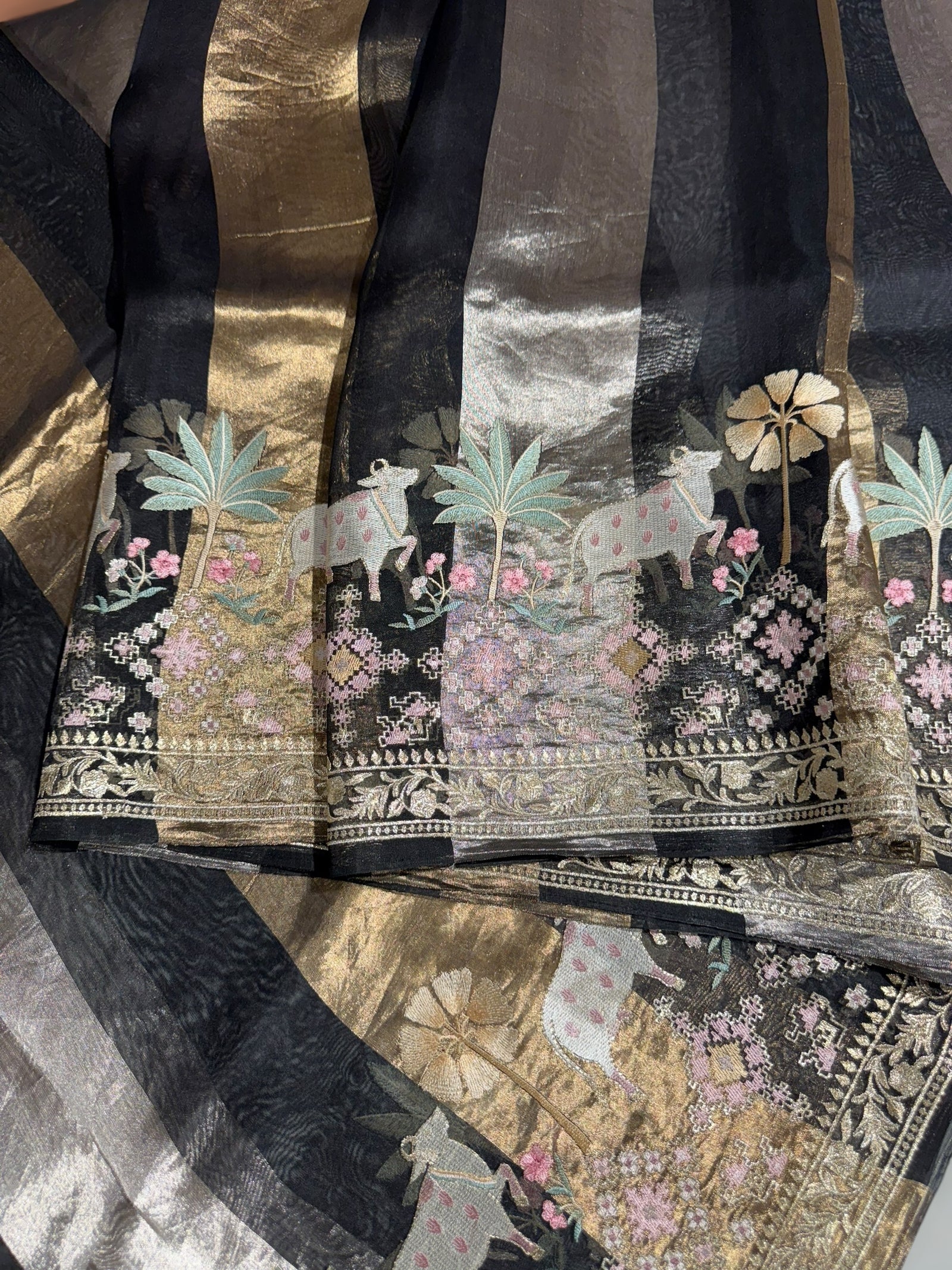 Black Kora Tissue Stripes Saree With Jamdani  & Pichwai embroidered Border