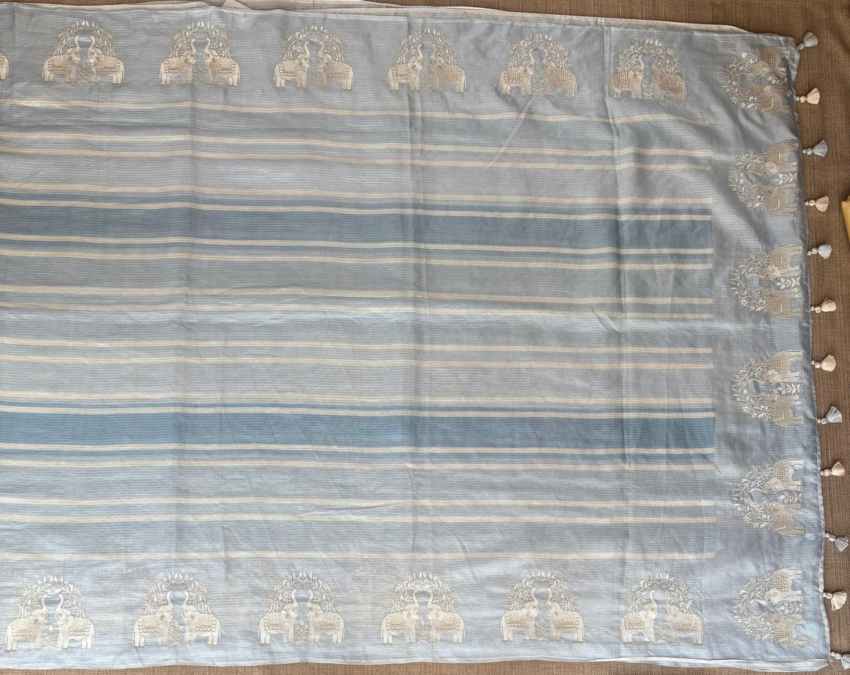 Dusty Blue Designer Silk kota saree with elephant embroidered border