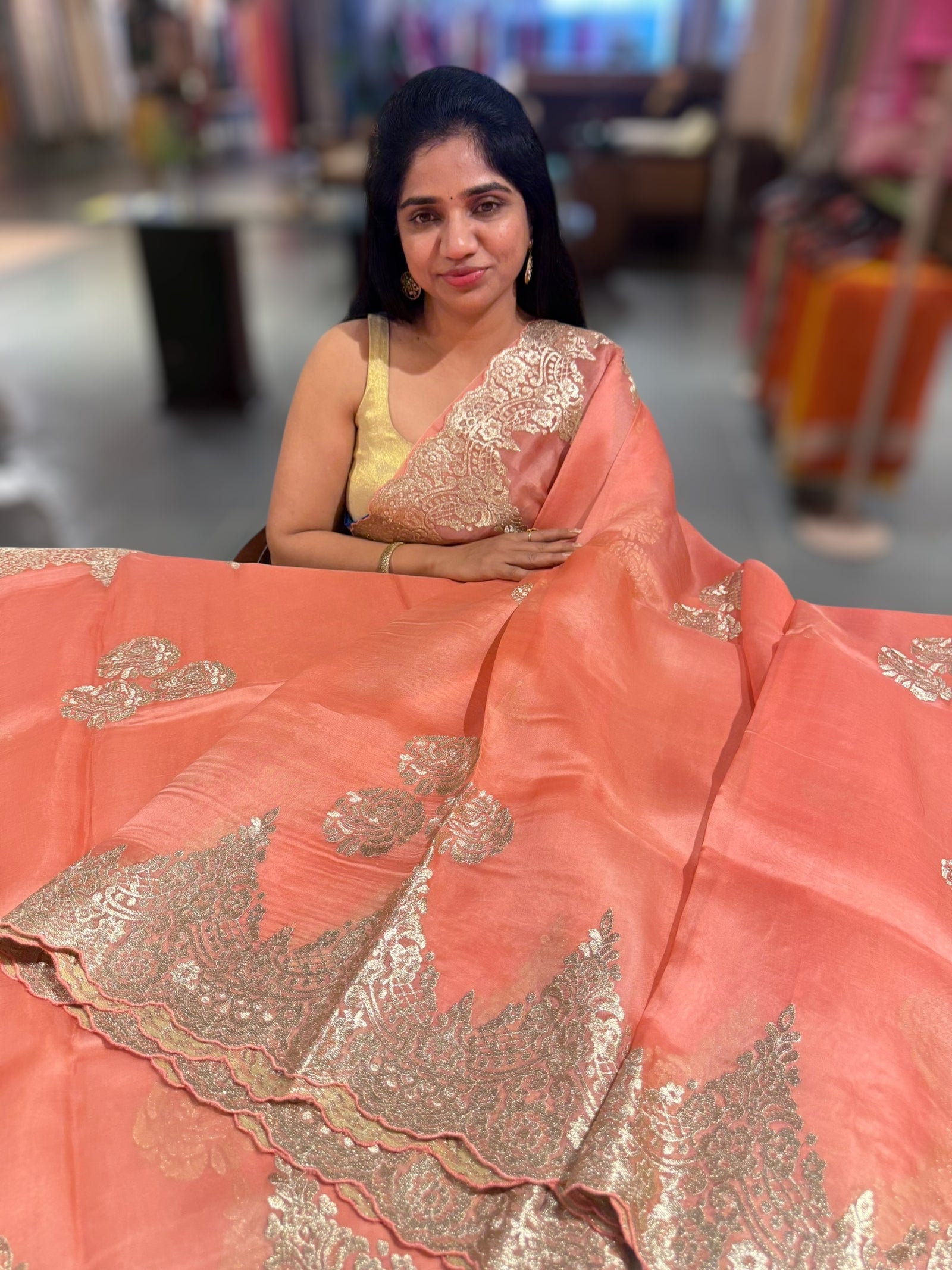 Coral Peach Organza with chantilly Lace embroidery