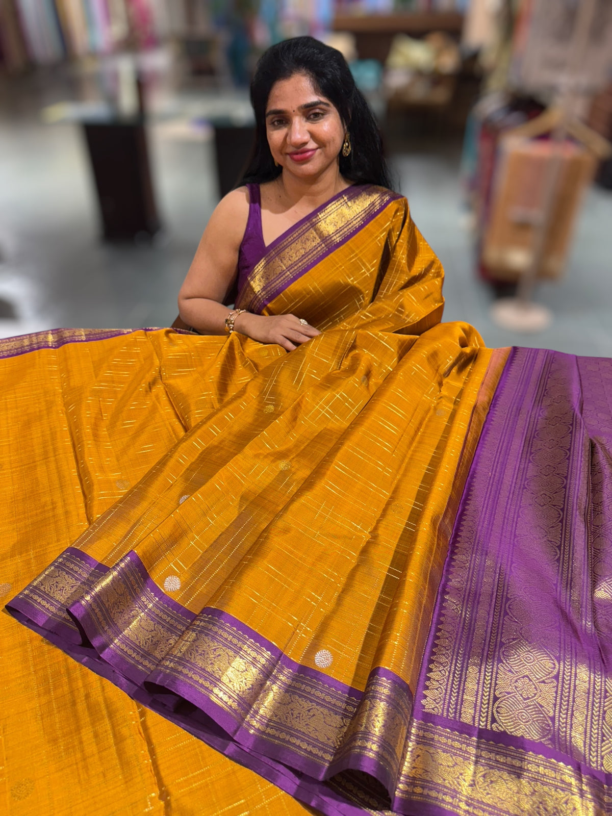 Mustard and purple Combo Kanchi Vintage Checks Saree