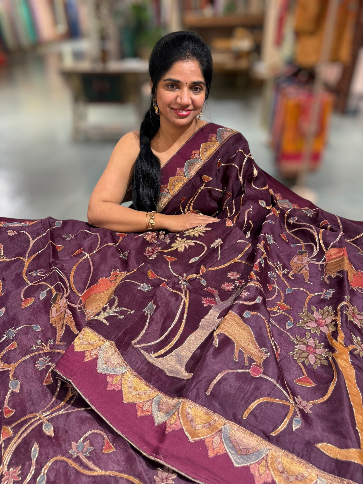 Wine Designer Organza Saree with Stunning Tissue Applique work Saree with Village theme